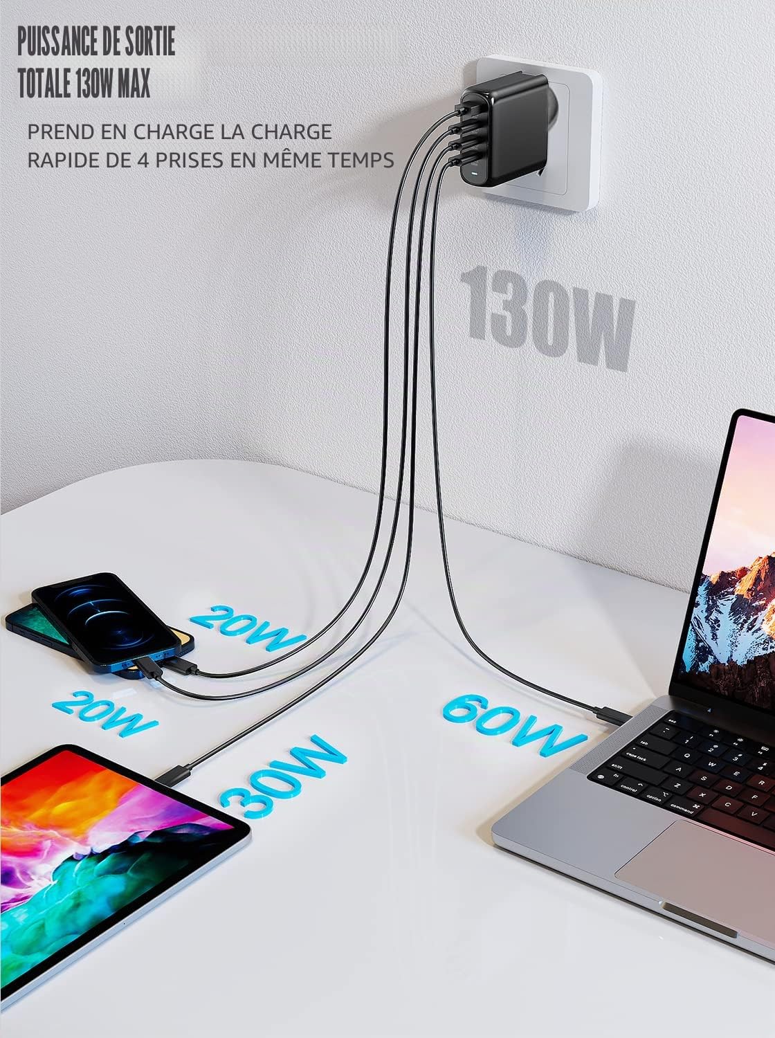 130W USB C Chargeur Rapide, PD 100W+QC 30W PPS PD GaN Chargeur 4 Ports Adaptateur Type C avec Câble 100W pour MacBook Pro/Air, Dell XPS 15, Huawei, iPhone 14/13, iPad Pro, Galaxy S22/S21