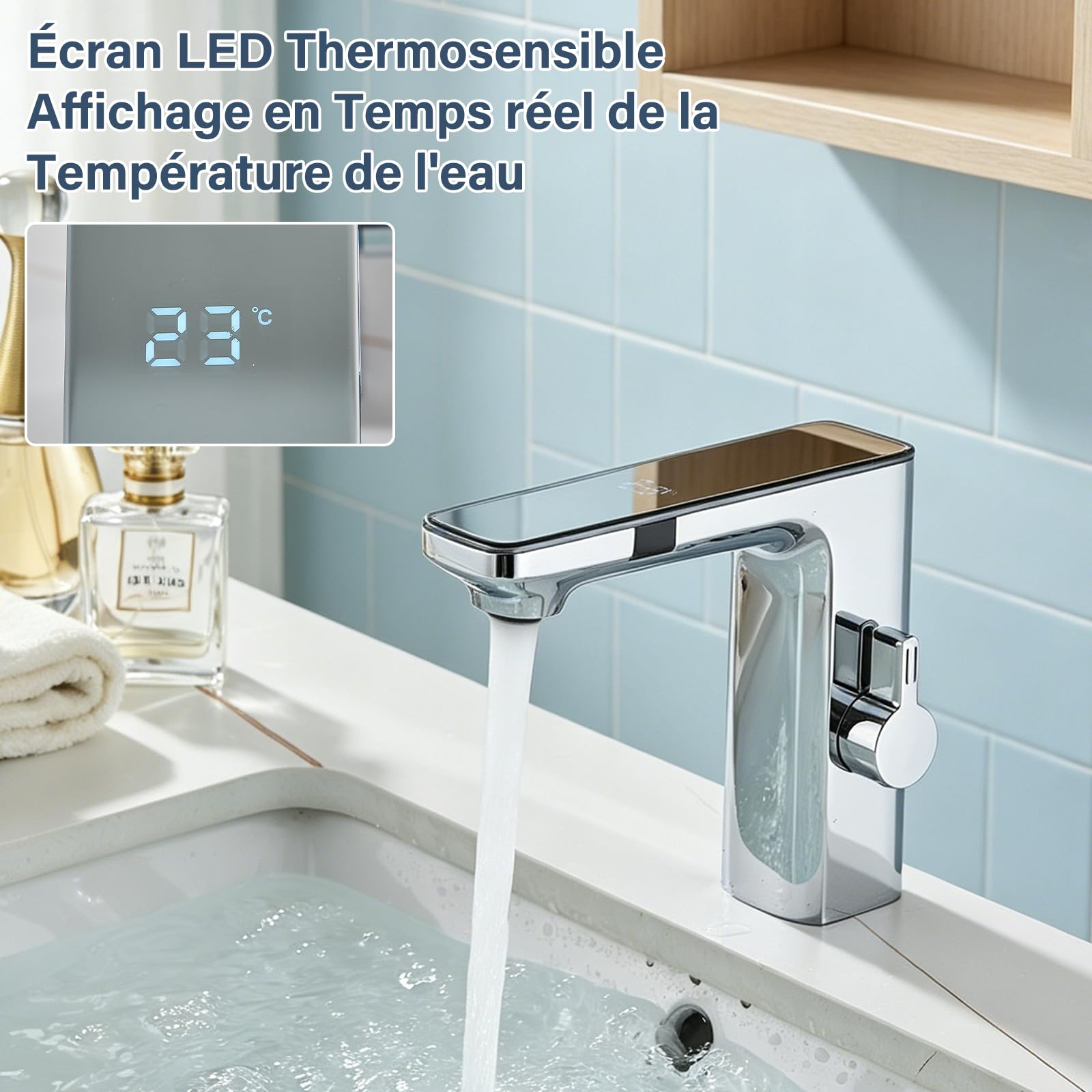Robinet Automatique Sans Contact pour Salle de Bain en Laiton Alimenté par Piles Activé par le Mouvement Mains Libres avec Boîtier de Contrôle Chrome