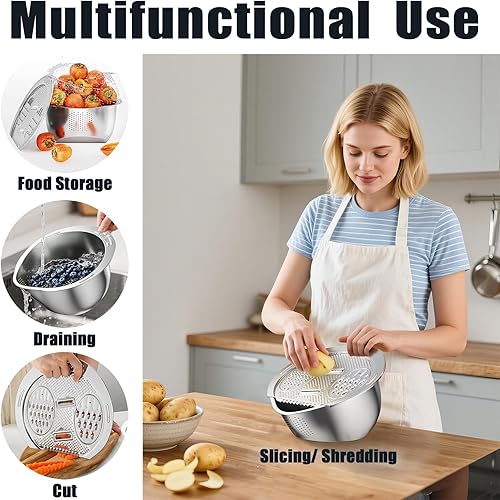 Miniatura 3 de ESOW Juego de coladores de acero inoxidable, cuenco colador para lavadora de arroz con rallador, multiuso para almacenamiento de alimentos, drenaje