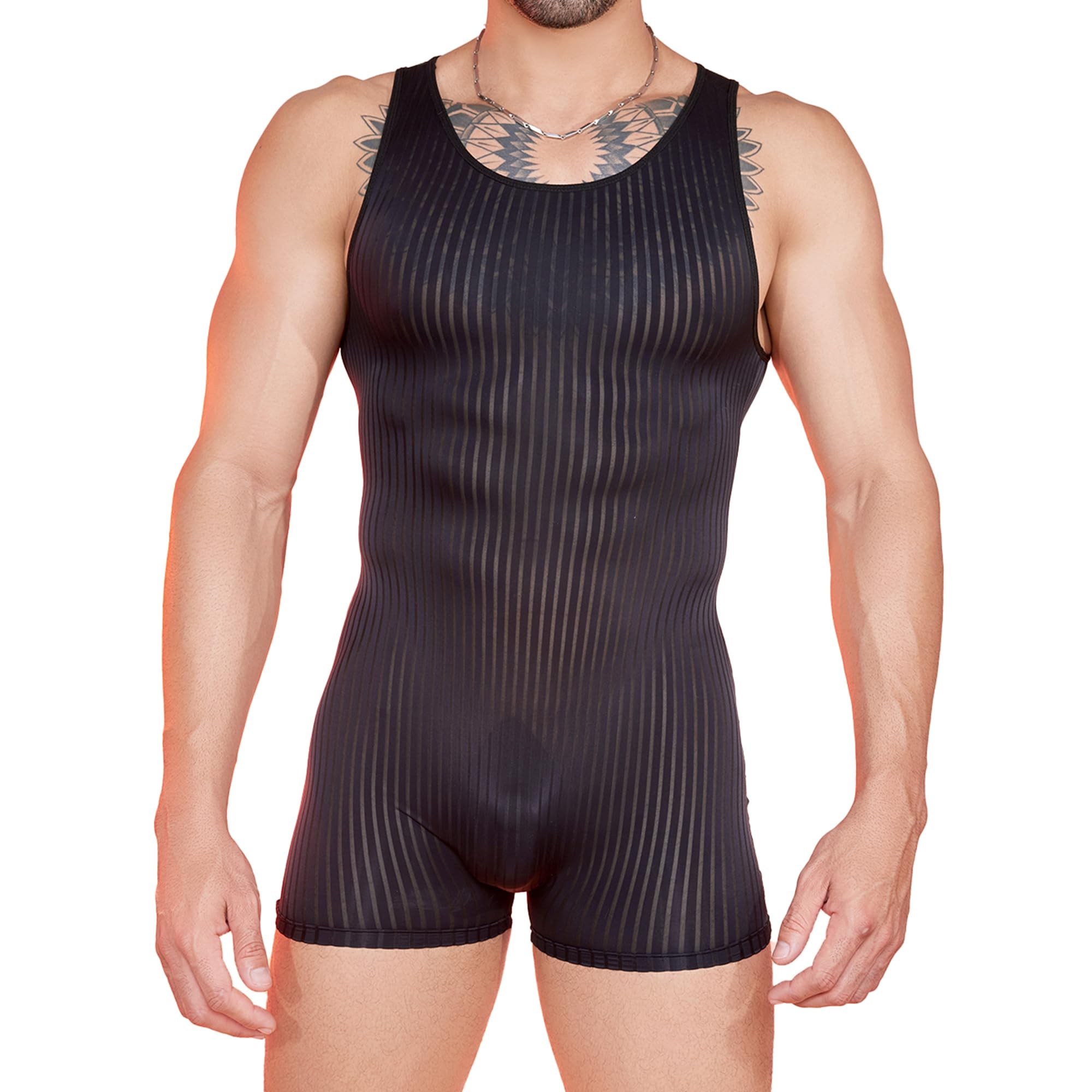 QiaTi Men’s Striped Sheer Bodysuit Sexy Boxers Jumpsuit Sleeveless Wrestling Singlet Stretchy One-piece Leotard for Sport Gym