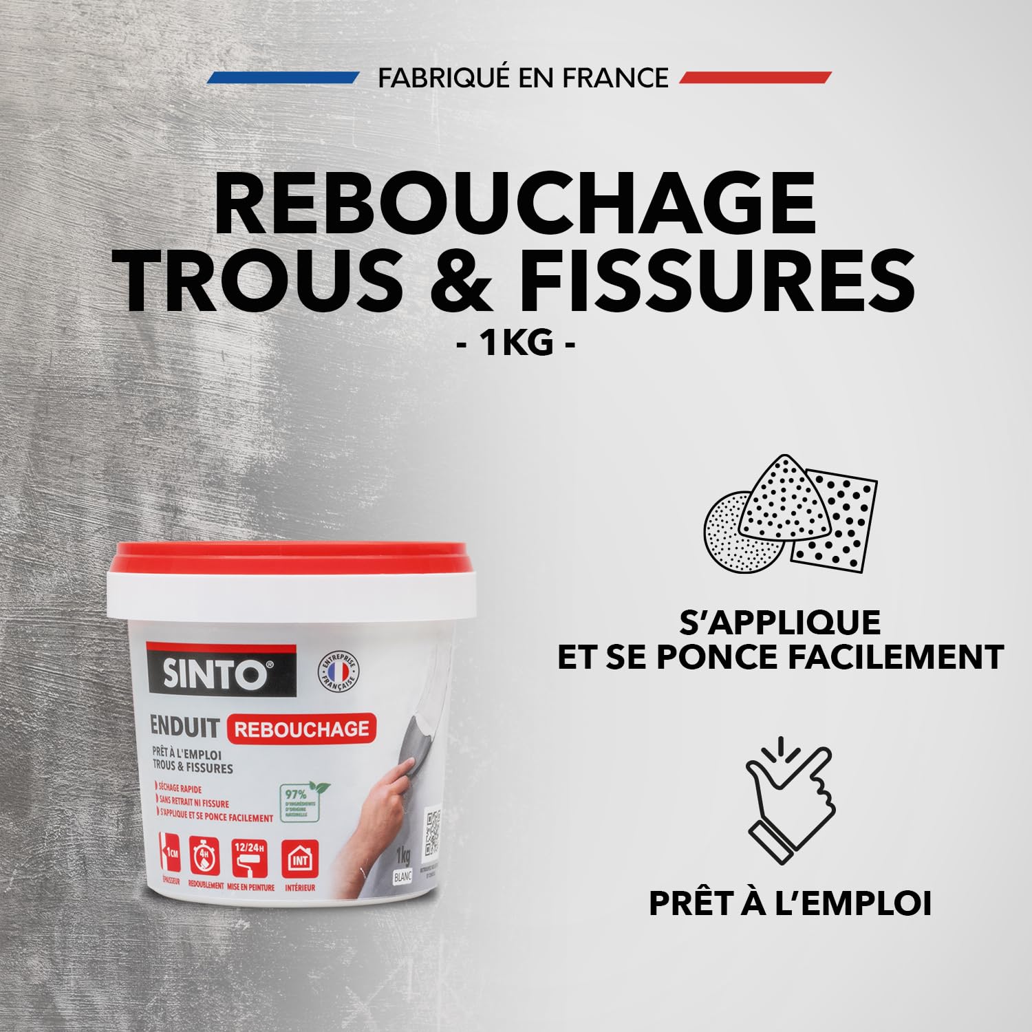 SINTO Enduit Rebouchage Trous et Fissures Prêt à l'Emploi 1kg