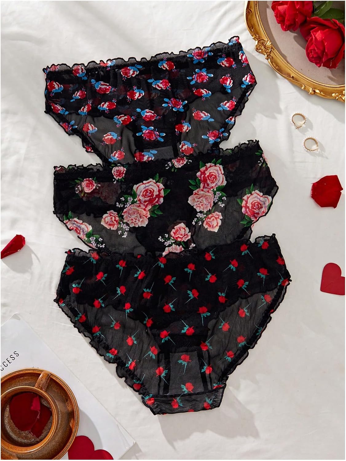 WDIRARA Women's Plus Size 3 Pack Briefs Floral Mesh Frill Trim Panties Underwear - Image 3