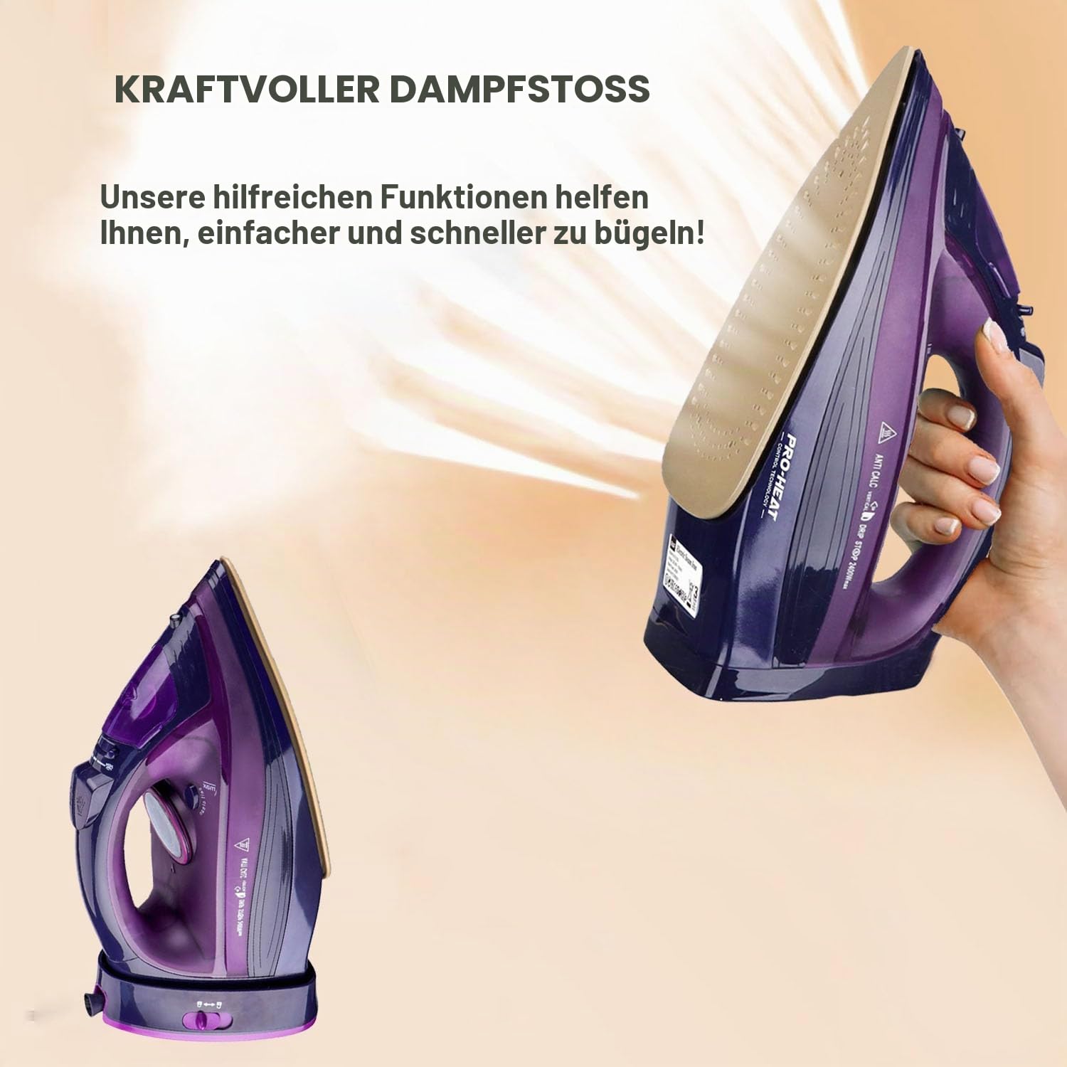 Bügeleisen, Dampfbügeleisen Kabelloses 2400W Dampf Bügeleisen mit Keramiksohle Dampfbügeleisen mit Variabler Dampffunktion, Selbstreinigungs, Sprühwasserfunktion, Antikalk, Tropfstopp