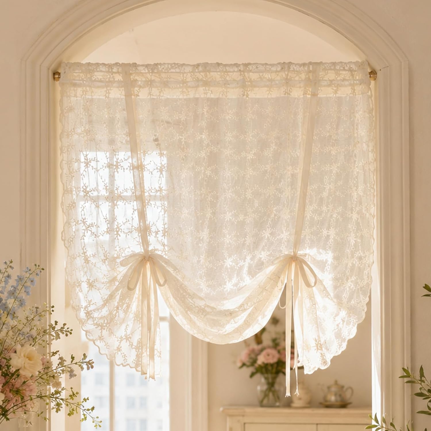 White Floral Lace Cafe Curtain 55"x39" Rod Pocket, Lace Tie Up Curtains