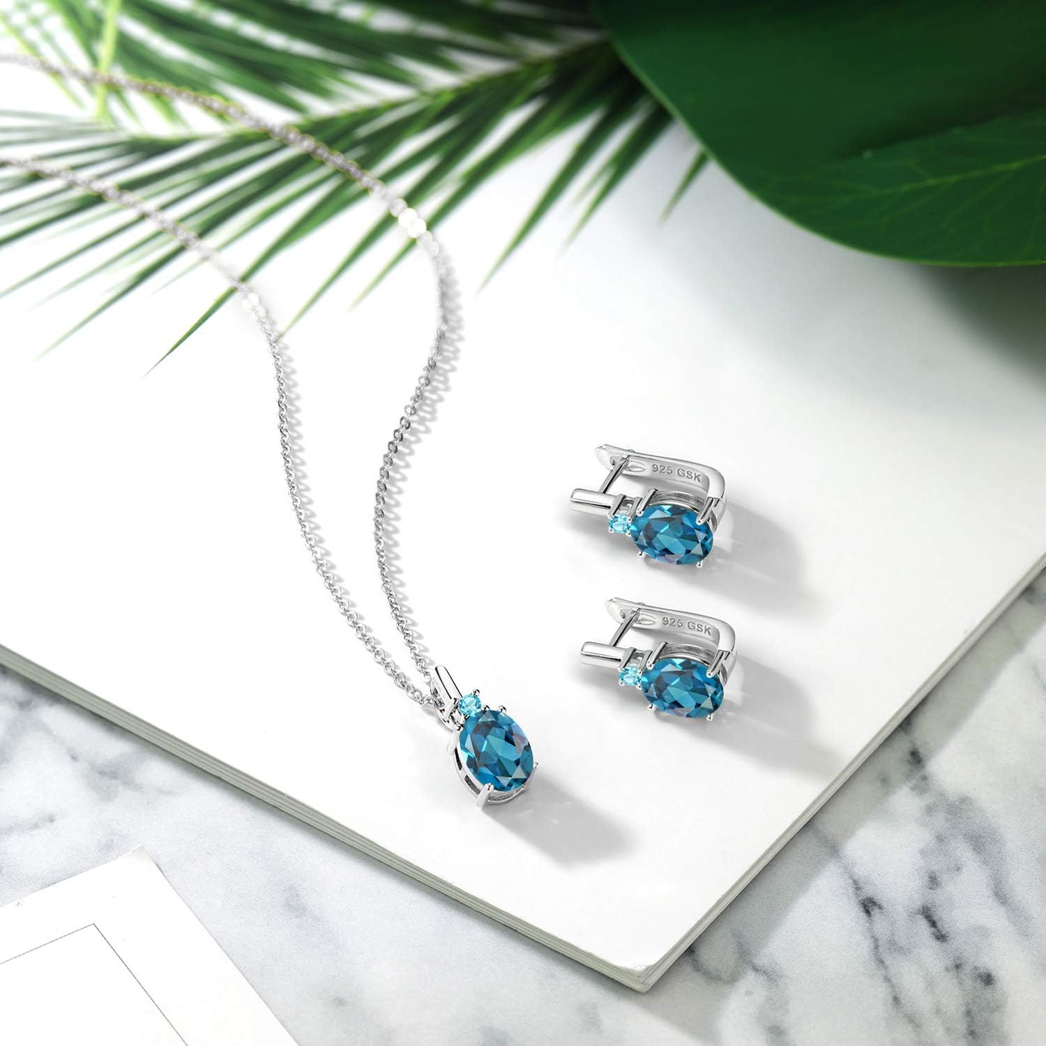 Gem Stone King Gemstone Birthstone and Swiss Blue Topaz Pendant and Earrings Jewelry Set for Women in 925 Sterling Silver | Oval 8X6MM and Round 2.5MM | Fine Jewelry Set for Her Mom Women Wife | With