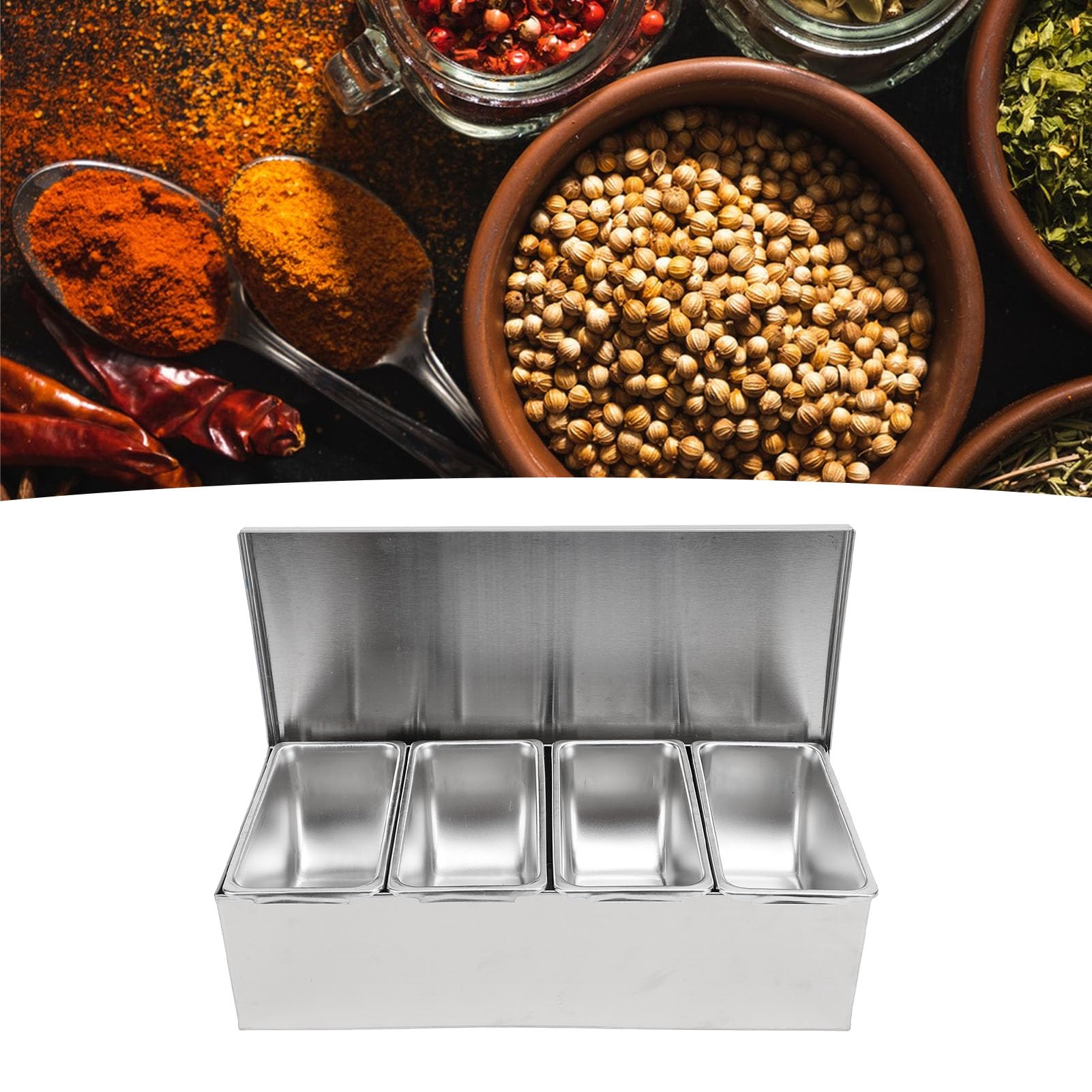 Caja de Condimentos de Acero Inoxidable con Tapa, 4 Compartimentos Rectangulares con Diseño de Tapa Volteable Caja Organizadora Portátil de Gran Capacidad para Condimentos