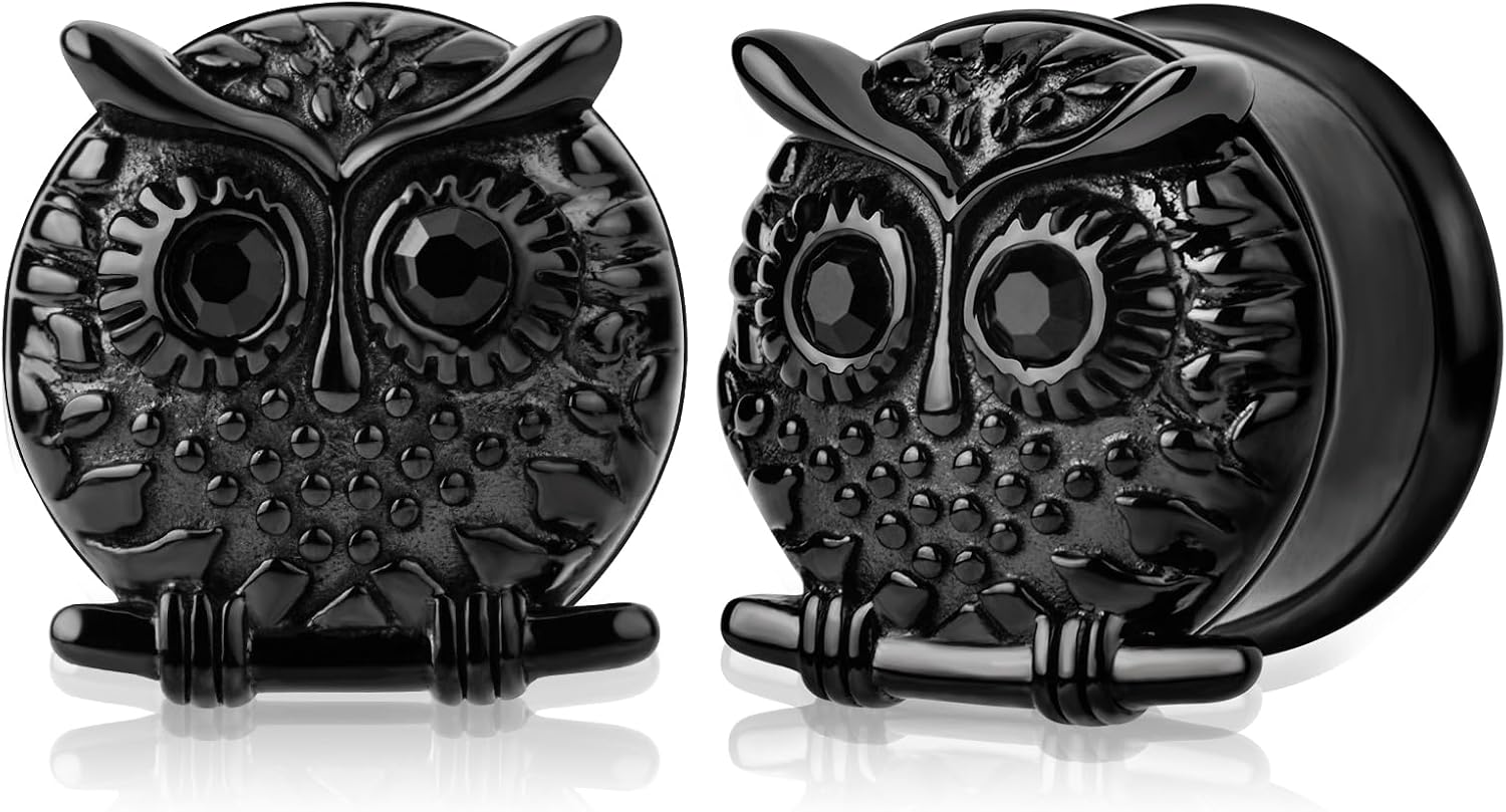 2PCS Double Flared Owl Ear Gauges Hypoallergenic 0g 00g Earring Plugs Tunnels 316 Stainless Steel Ear Expander Stretcher Piercing Body Jewelry