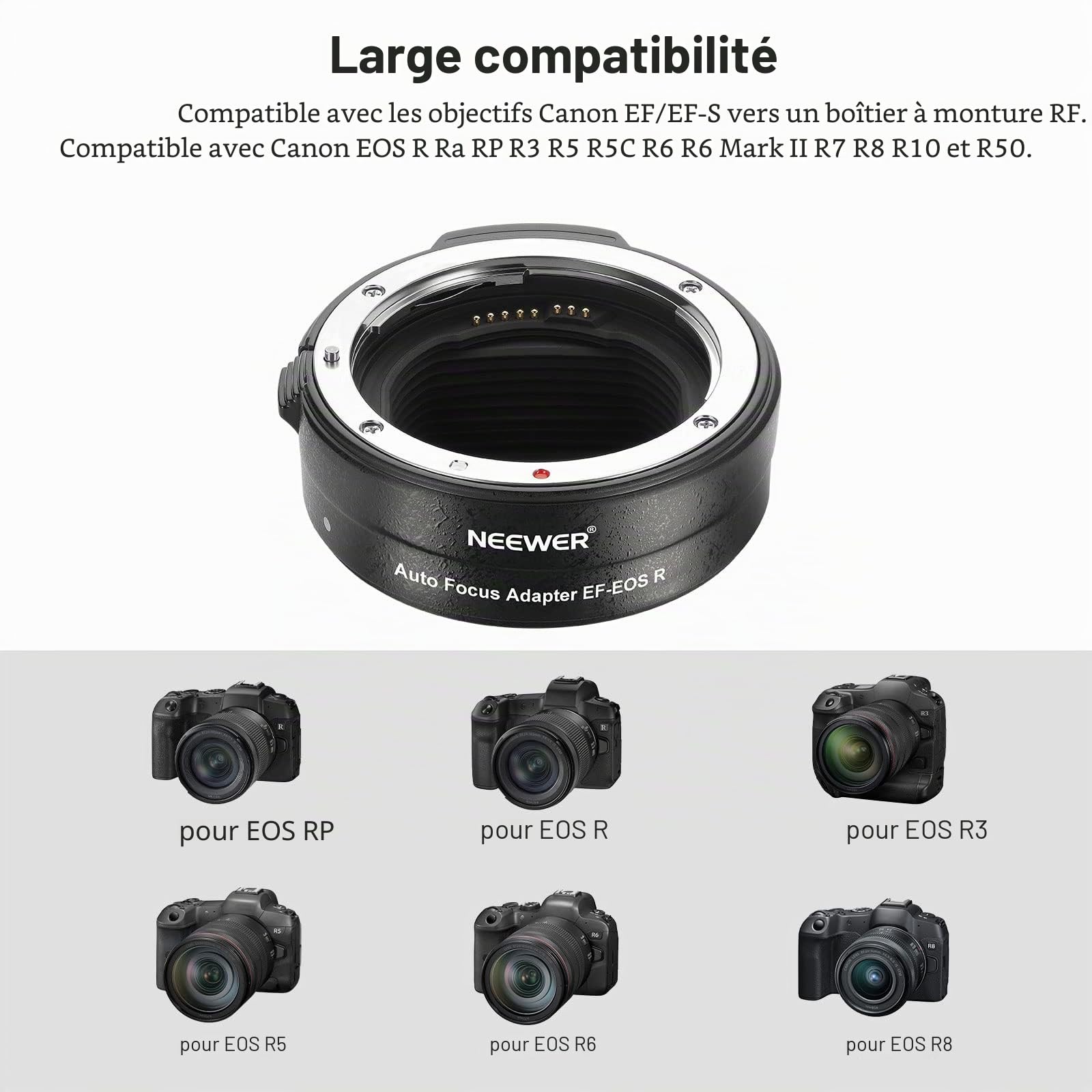 NEEWER Adaptateur de Monture EF vers EOS R, Objectif EF/EF-S vers Monture RF, Bague de Conversion autofocus Compatible avec Canon EOS R Ra RP R6 Mark II R6 R5 R3 R7 R10 R8 R50, Charge Maxi: 4,4lb/2kg