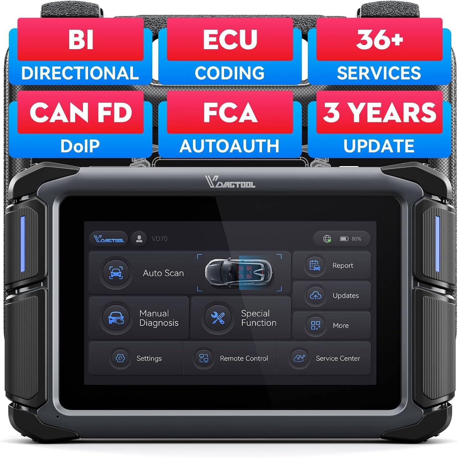 Bidirectional Scan Tool VD70, OBD2 Scanner Diagnostic Tool with ECU Coding, 36+ Resets, PMI, FCA AutoAuth, All System, CAN FD & DoIP, V.A.G. Guide, 3-Year Update