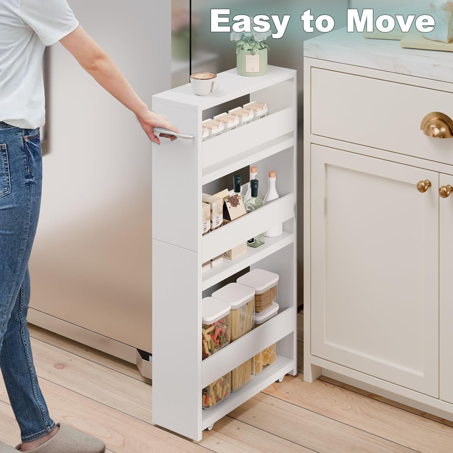 MARTY White Slim Storage Cart with Wheels, 4 Tier Rolling Utility Cart with Handle Slide Out Shelving Unit Organizer Trolley for Laundry Kitchen Bathroom Narrow Places Small Corner - Image 2