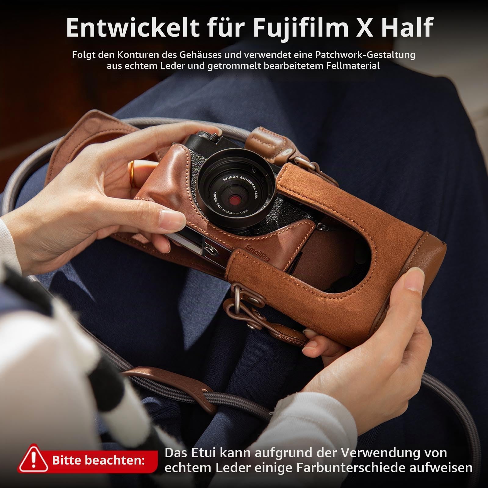 SMALLRIG X Half Ledertasche für FUJIFILM, Retro-Tragetasche mit Halbleder-Hülle, integriertem Kartenfach, tragbar und schützend mit gewebtem Schultergurt (Braun) – 5218
