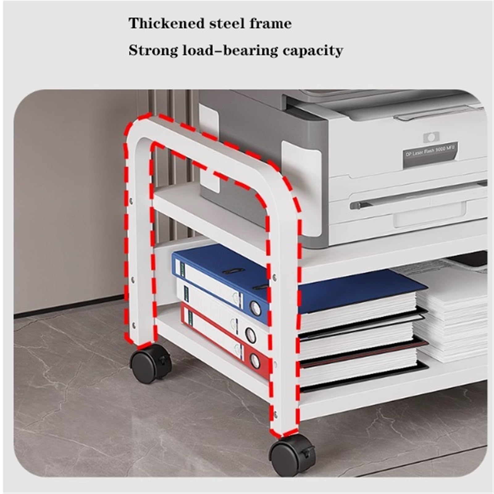 Mobiler Druckerwagen mit Rädern, robust, CD-Player-PC-Tower-Ständer, Metallstahlrahmen, Kleiner Drucker-Tischhalter, für unter dem Schreibtisch, zu Hause, im Büro, 2 Ebenen (50 x 4