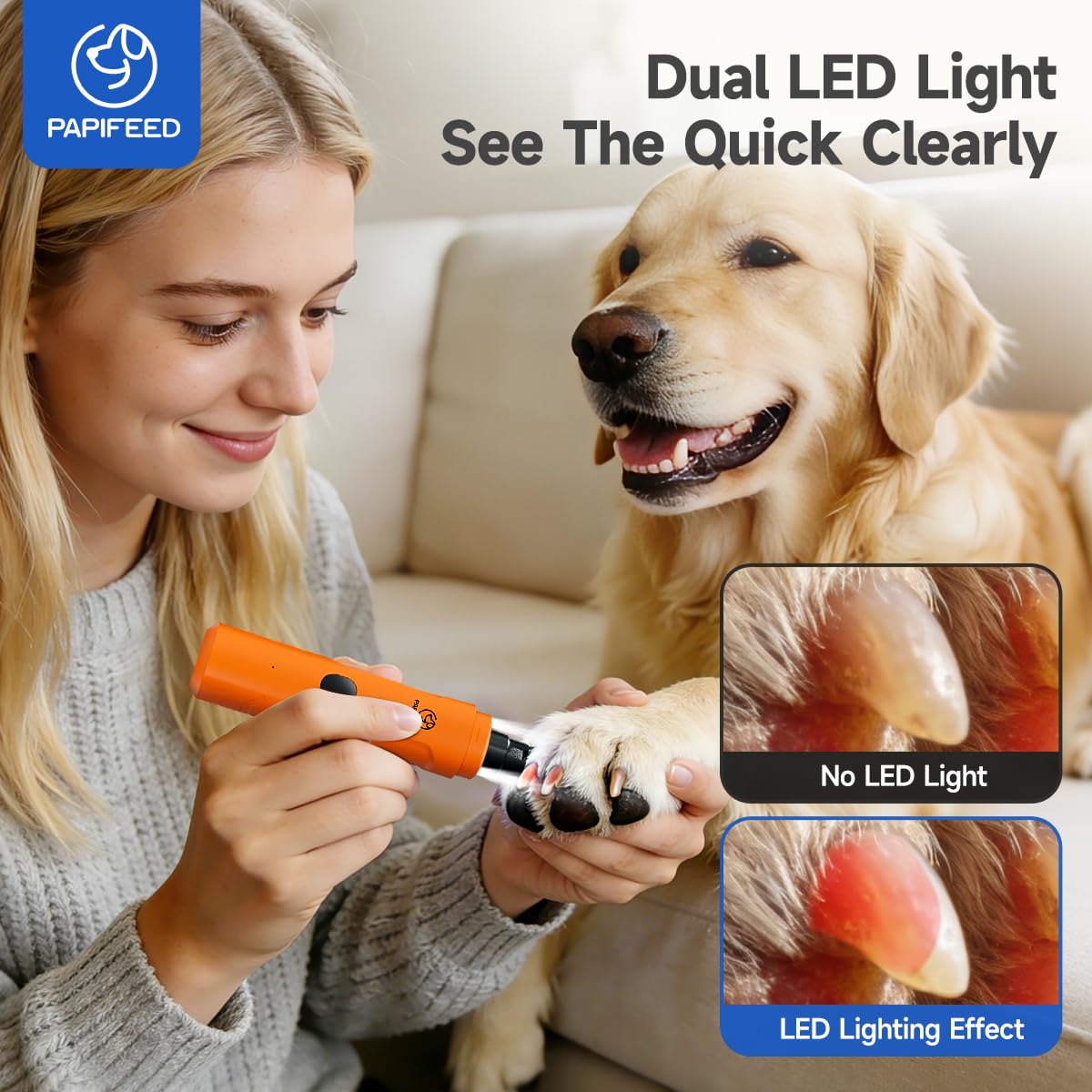 PAPIFEED Dog Nail Grinder with LED Light, Ultra Quiet 3-Speed Electric Nail File for Small Medium Large Dogs & Cats, Rechargeable Pet Nail Grinder with Trimmer (Orange) - image 5