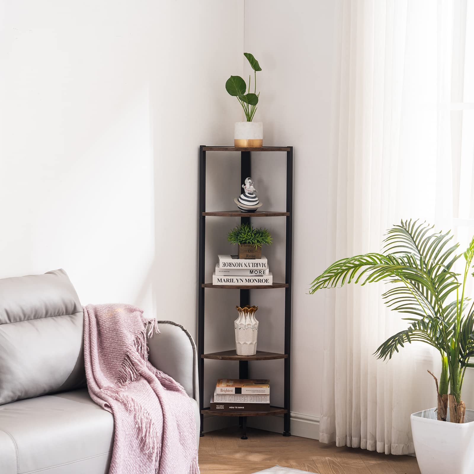 Estantería esquinera de 5 niveles, estantería industrial de esquina pequeña, estante de almacenamiento rústico para plantas para sala de estar, oficina en casa, cocina, espacio pequeño, color 8