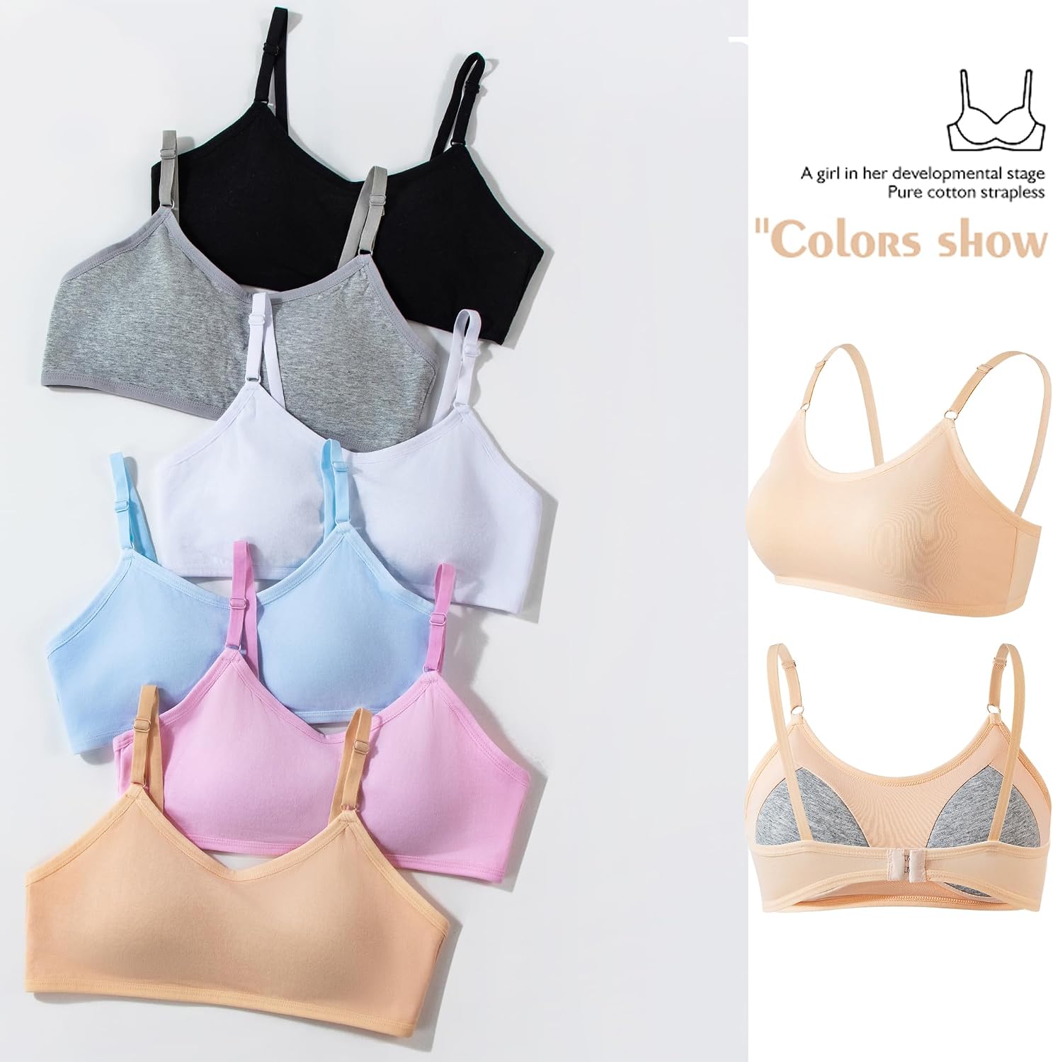 Teen Girls Sports Bras 6 Pack Cotton Underwear with Bra Pads and Adjustable Spaghetti Straps for Kids 10-18 Years