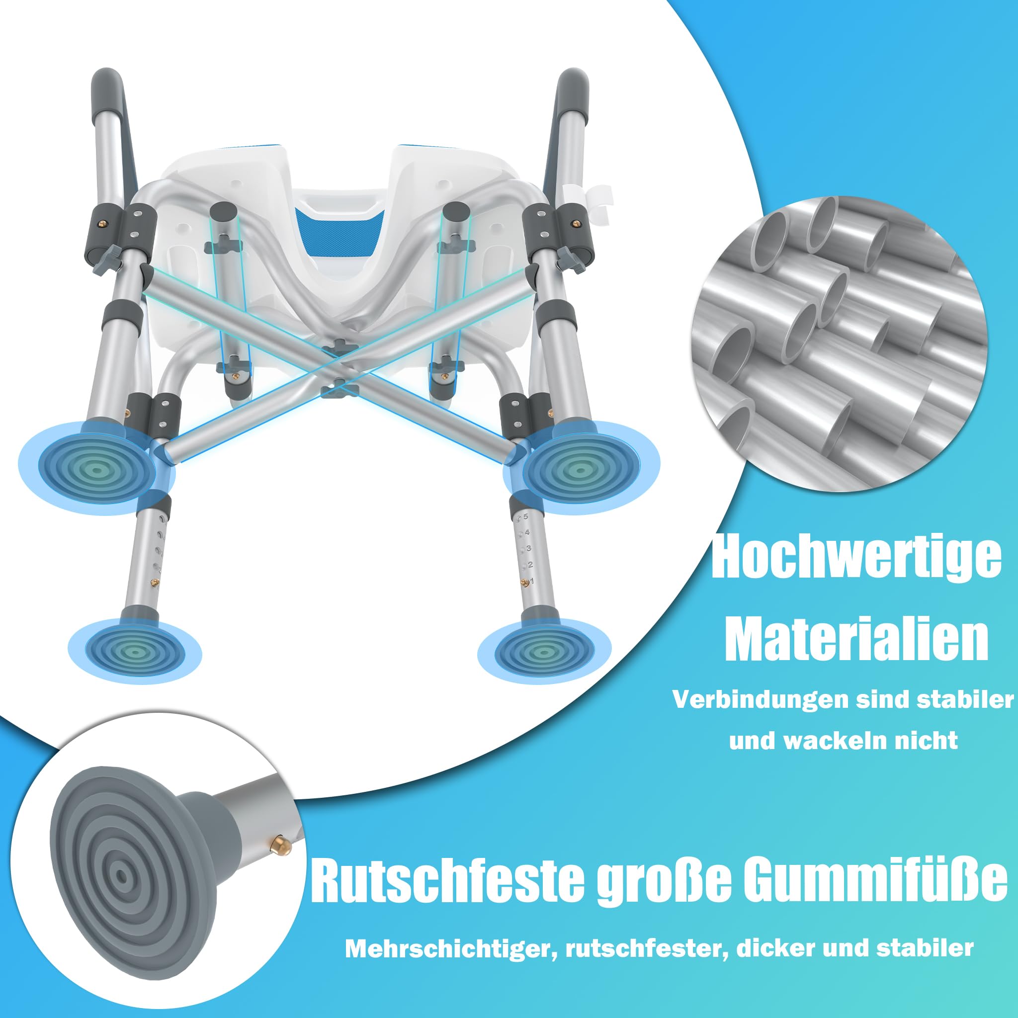 Duschstuhl Höhenverstellbar 39-49,5 cm mit Armlehnen Rückenlehne | Aluminiumgestell, bis 200 kg belastbar, 5-fach höhenverstellbar, Hygieneausschnitt, rutschfeste Füße, für Senioren
