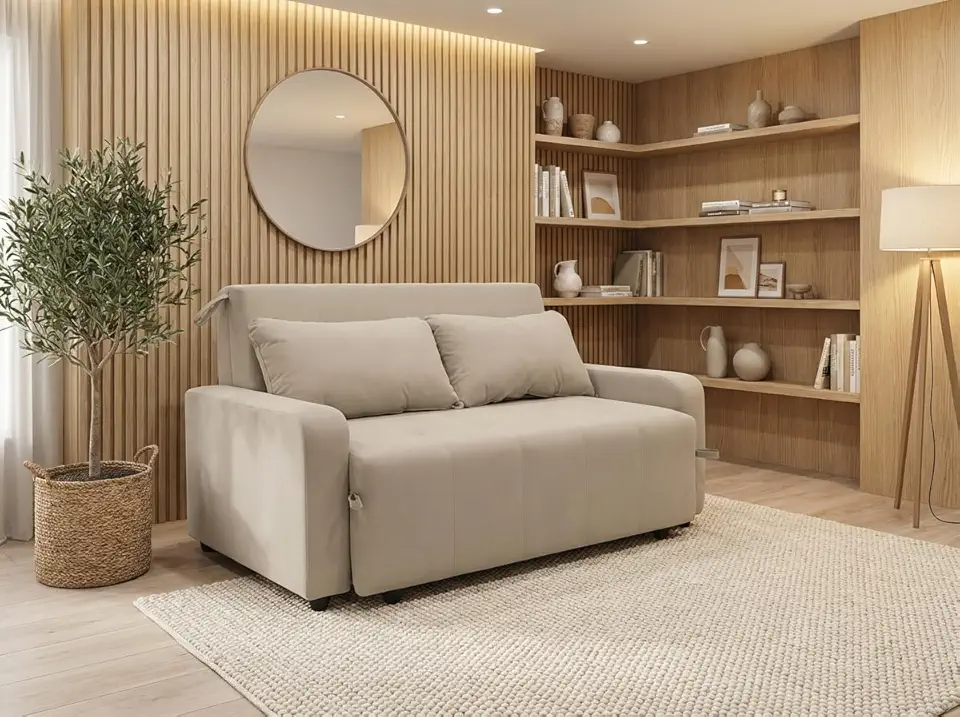 Sofa Cama Casal 3 Lugares Amora New Reclinável Com Almofadas Aconchegantes Tecido Veludo Premium (Bege Premium)