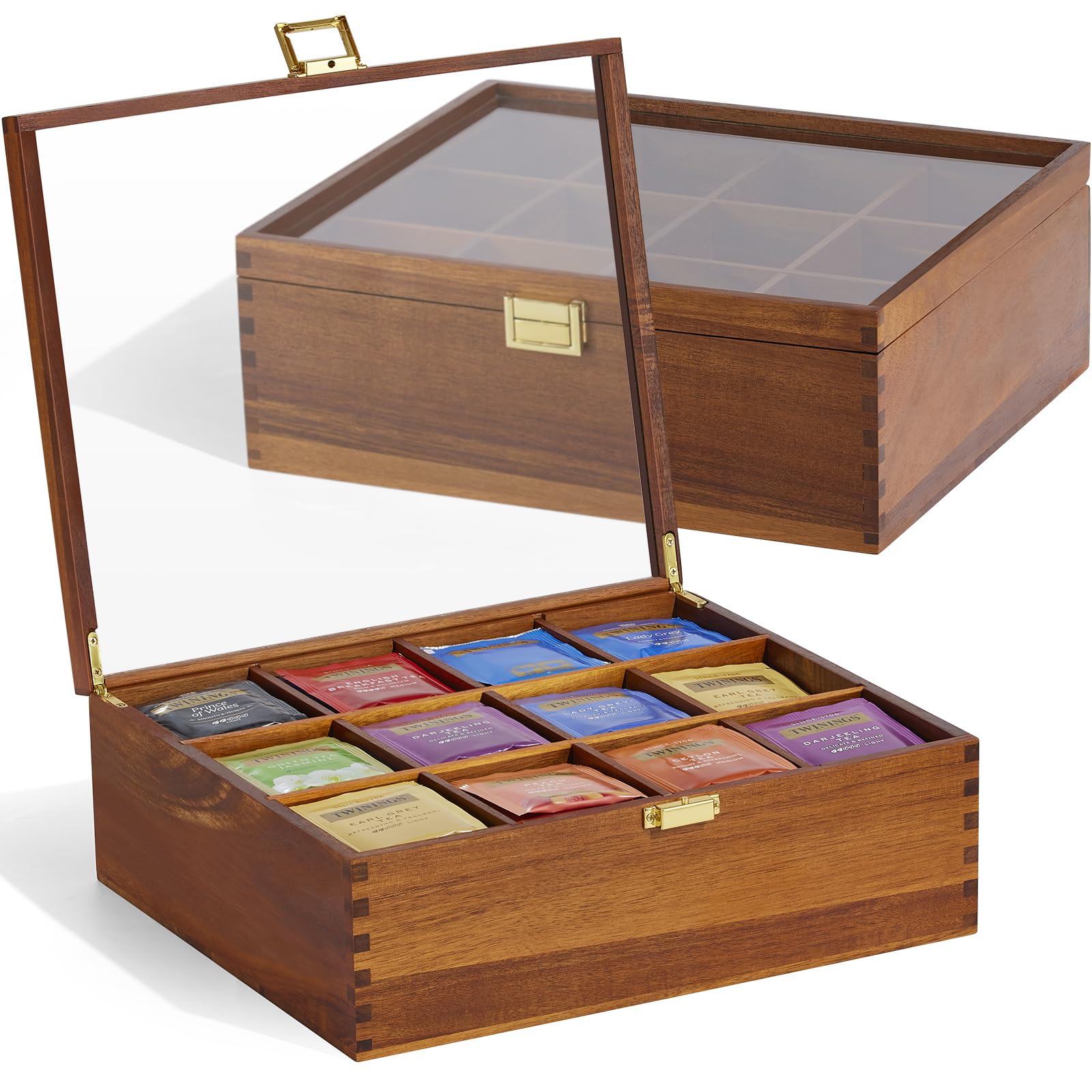 Tea Bag Organizer, Acacia Wood Tea Organizer Box, 12 Compartments Tea Organizer for Tea Bags with Clear Glass Window, Tea Bag Holder for Countertop Kitchen Cabinet Pantry - Keeps Tea Bags Fresh