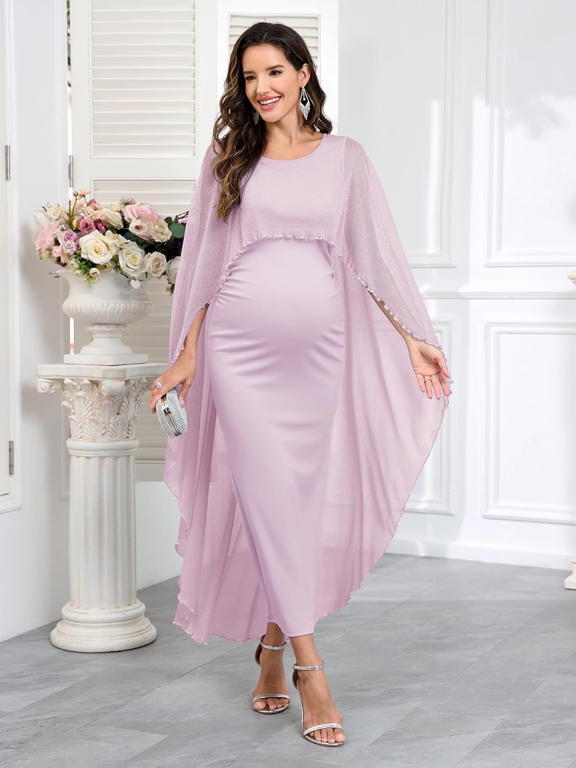 CYCLAMEN Maternity Formal Dress with Sparkly Mesh Cape Long Bodycon Maxi Gown for Pregnancy Wedding Guest Baby Shower