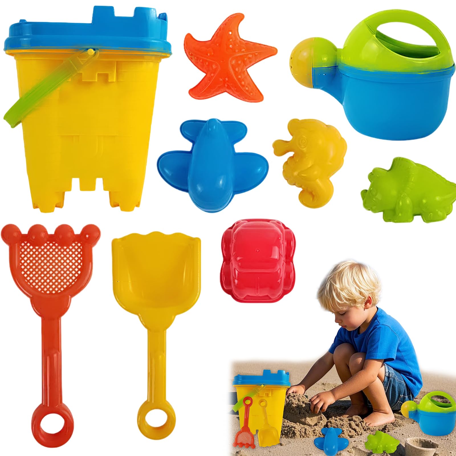 Bucket and Spade Beach Set – 9 PCS Sand Toys with Bucket, Spade, Rake, Castle & Animal Molds, Watering Can, Beach Toy Set for Sandcastle Building, Outdoor Indoor Sand Play Summer