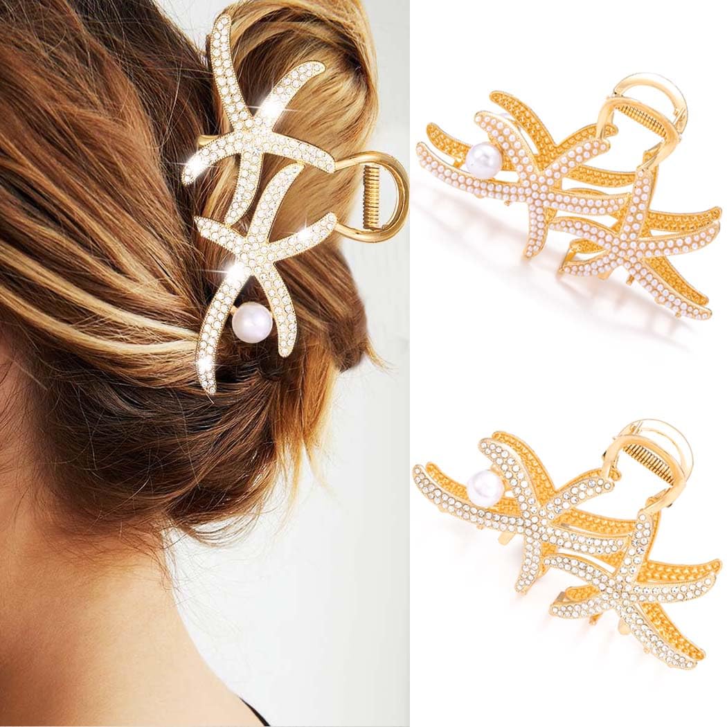 Reaky Starfish Claw Clip Mermaid Hair Clips Rhinestone Hair Claws for Women Beach Hair Accessories, Gold, 1 count (Pack of 2)
