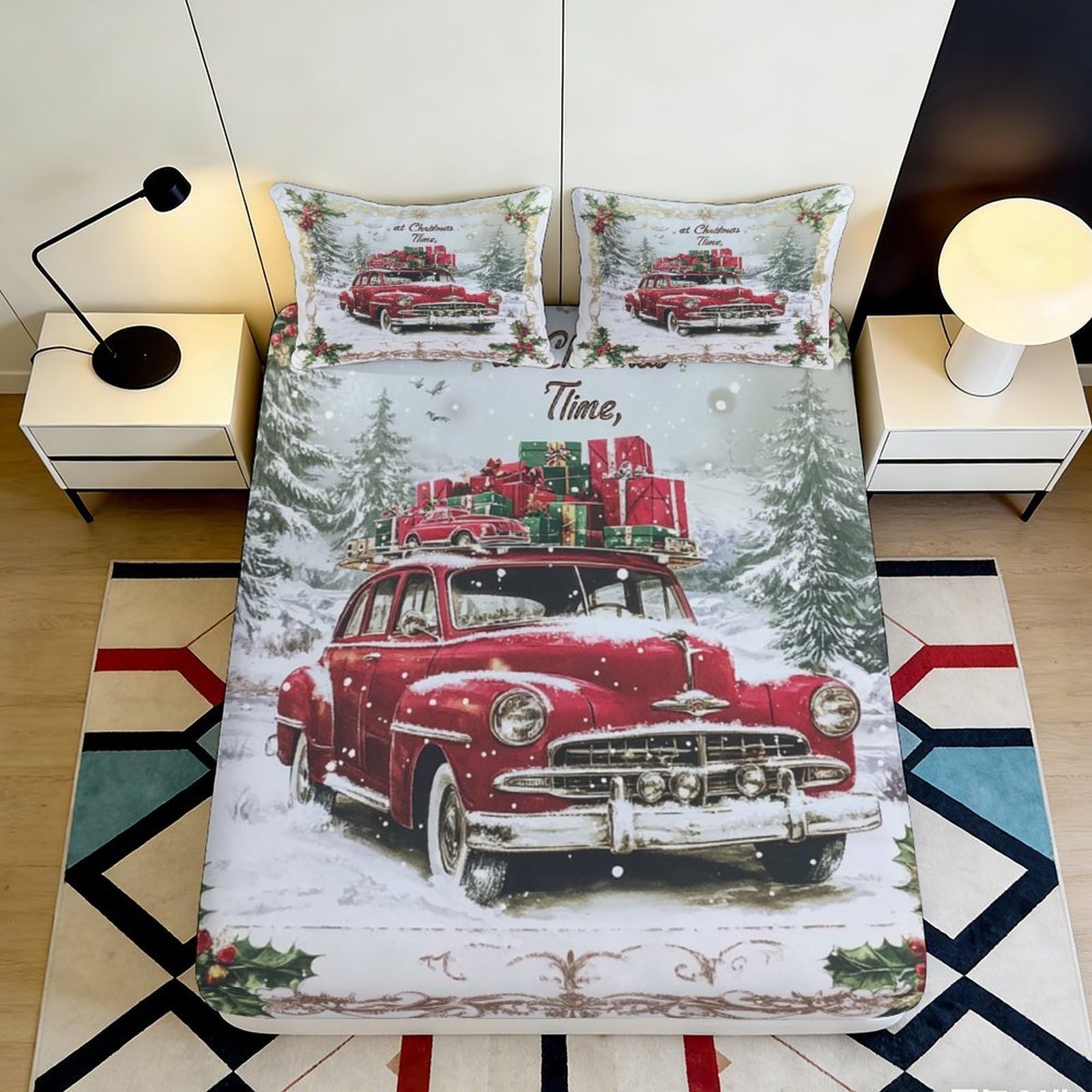 3D Printed Christmas Red Car Fitted Sheet Microfiber Snow Pine Tree Mattress Cover for Bedroom Guestroom Decor 90x200x25cm