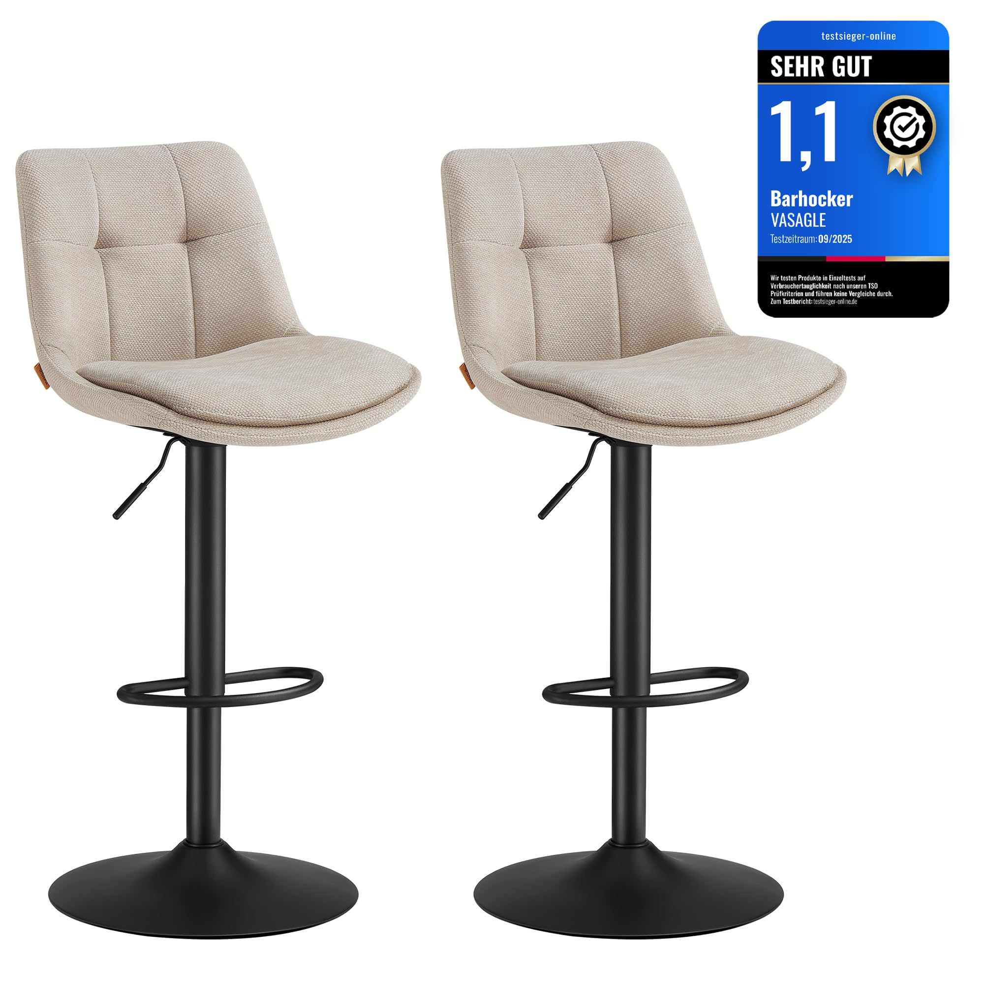 VASAGLE Barhocker 2er Set, Barstühle höhenverstellbar, drehbare Küchenhocker, mit Rückenlehne und Fußstütze, Esszimmer, Theke, Stahl, cremeweiß LJB195W02