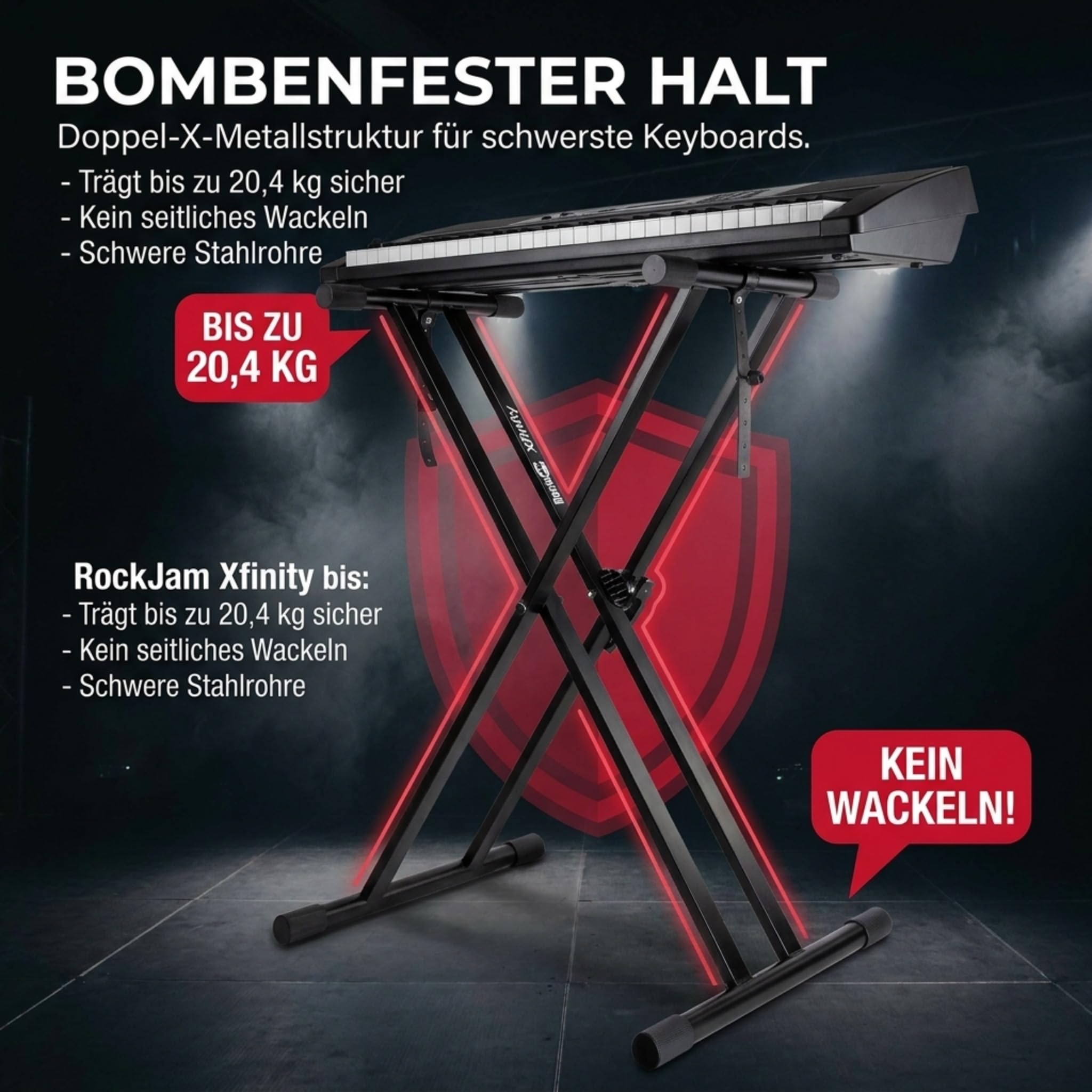 RockJam RJXX363 Xfinity robuster Keyboardständer, verstellbarer Digitalpiano-Ständer mit Doppel-X-Rahmen, Schnellverstellung, Sicherheitssperre und Gurte