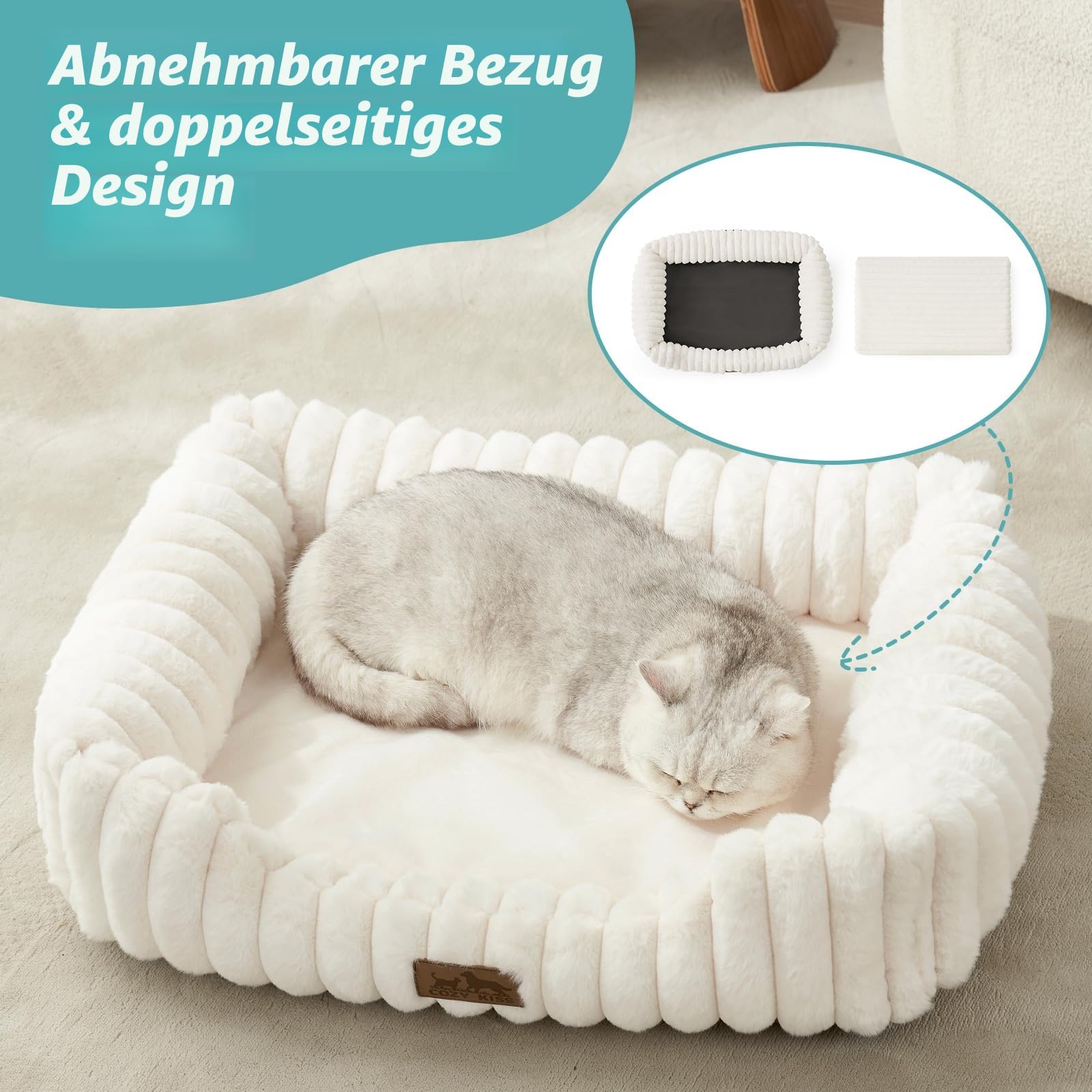 COZY KISS Orthopädisches Waschbares Hundebett, für Katze und Kleiner Hunde, Weicher Kunstfell Hundekorb, Haustiersofa mit Hoher Umrandung, Rutschfestes, 64 x 53 x 15 cm, Beige