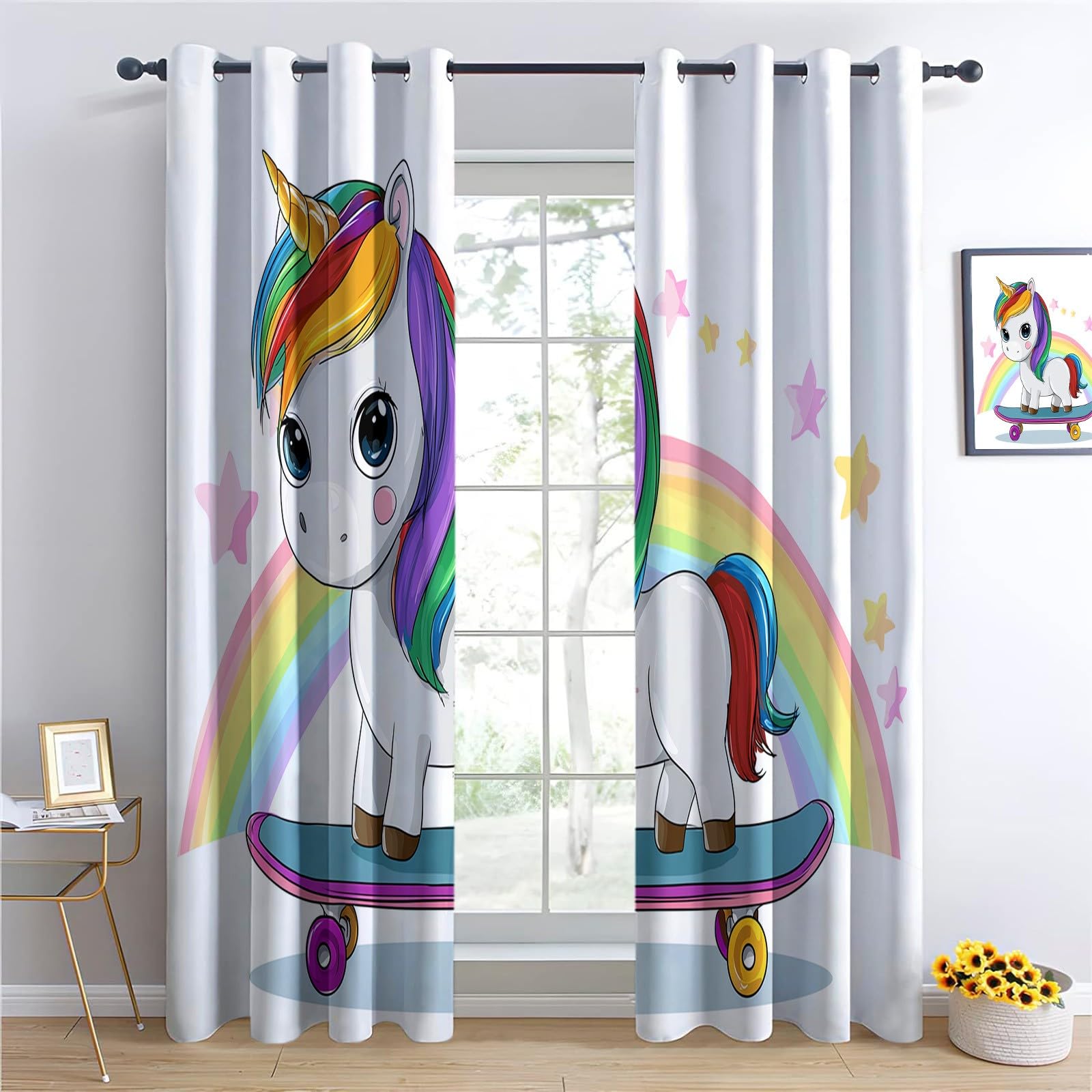 Termiczne zasłony zaciemniające 140 x 245 cm kreskówka jednorożec skuter - zasłony do sypialni salonu, odporne na światło i hałas, izolowane na lato i zimę, 2 sztuki, kolor jasny