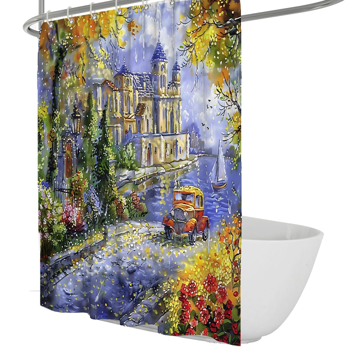 UERWOWELL Mediterranean Coastal Town Art Print Shower Curtain Romantic Vibrant Fall Foliage Scenery Bathroom Decor Waterproof Abstract Bath Curtain W240xL180 cm