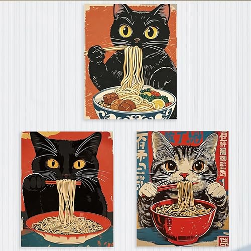 3 piezas de arte vintage de pared de gato impresiones de decoración de cocina divertidos animales decoración de pared arte japonés fideos ramen