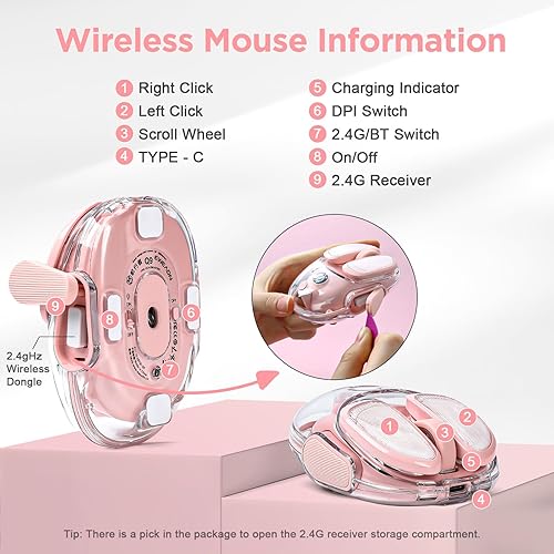 Miniatura 6 de Q9 - Mouse inalámbrico para computadora, 2.4 GHzBluetooth, mouse óptico ergonómico con iluminación RGB, clics silenciosos, 4800 DPI, 4 niveles de
