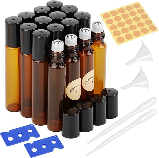 VMUTGA 16 Piezas Botellas Roll On Cristal, 10ml Marrón Botellas Rollon para Aceites Esenciales Rellenable Vidrio Botellas de Rodillos con Bola de Acero Inoxidable para Perfumes Aromaterapia Masajes
