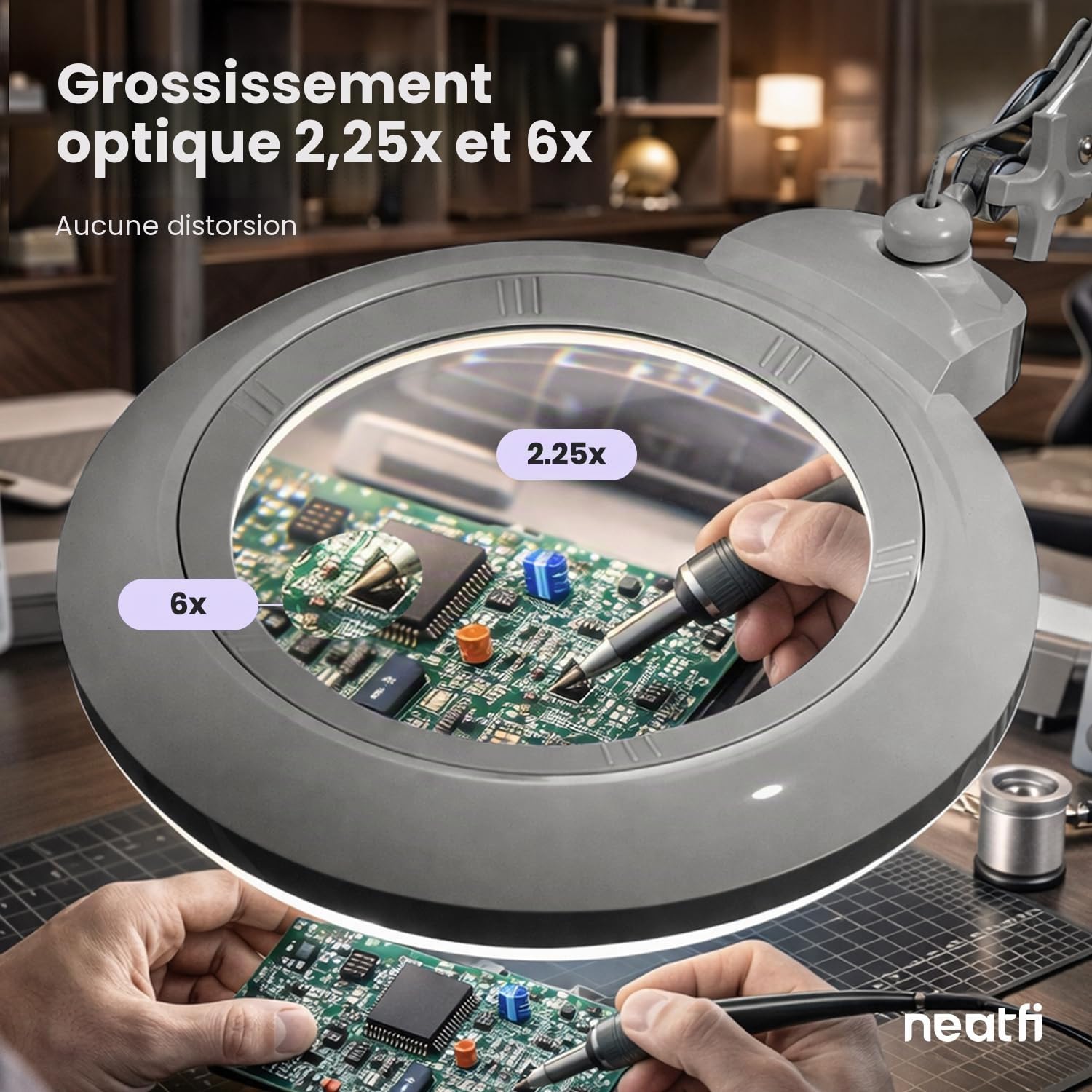 Neatfi XL Lampe Loupe LED Bifocale, Lentille Acrylique de 18 cm (7 po), Intensité Réglable | Bras Ajustable, Travail de Précision Mains Libres | Loisirs Créatifs (Argenté, lentille de 18 cm)