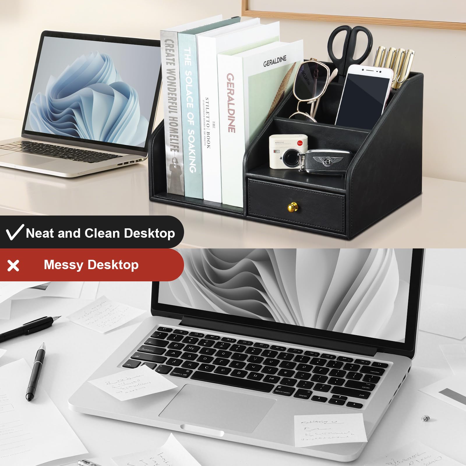 KINGFOM Organisateur de Bureau avec Porte-revues A4, Rangement de Bureau en Cuir, Multifonction Pot à crayon Porte Revue Bureau (Noir)