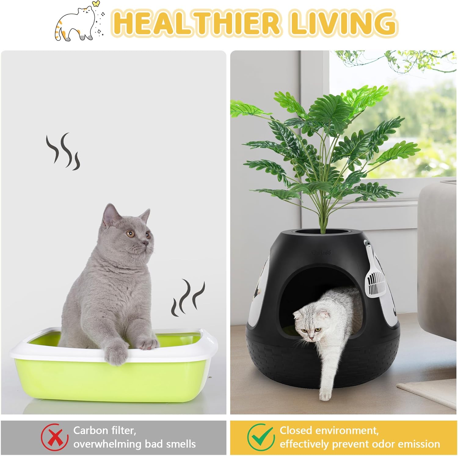 Eggloa6 Hidden Cat Litter Box Plant with Cat Cushioned Bed, Cat Scratchers, Artificial Plant Litter Box Enclosure Large DIY Litter Box Furniture for Cat Kitty Bunny (Black)