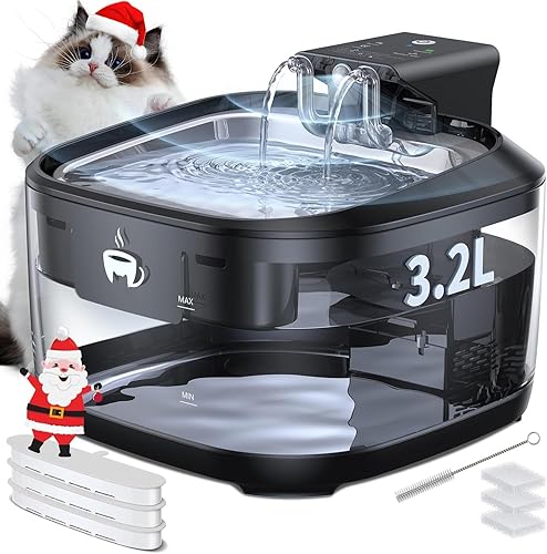 Fuente de agua inalámbrica para gatos, fuente de agua para gatos con sensor de movimiento, 108 oz3.2 L, color negro