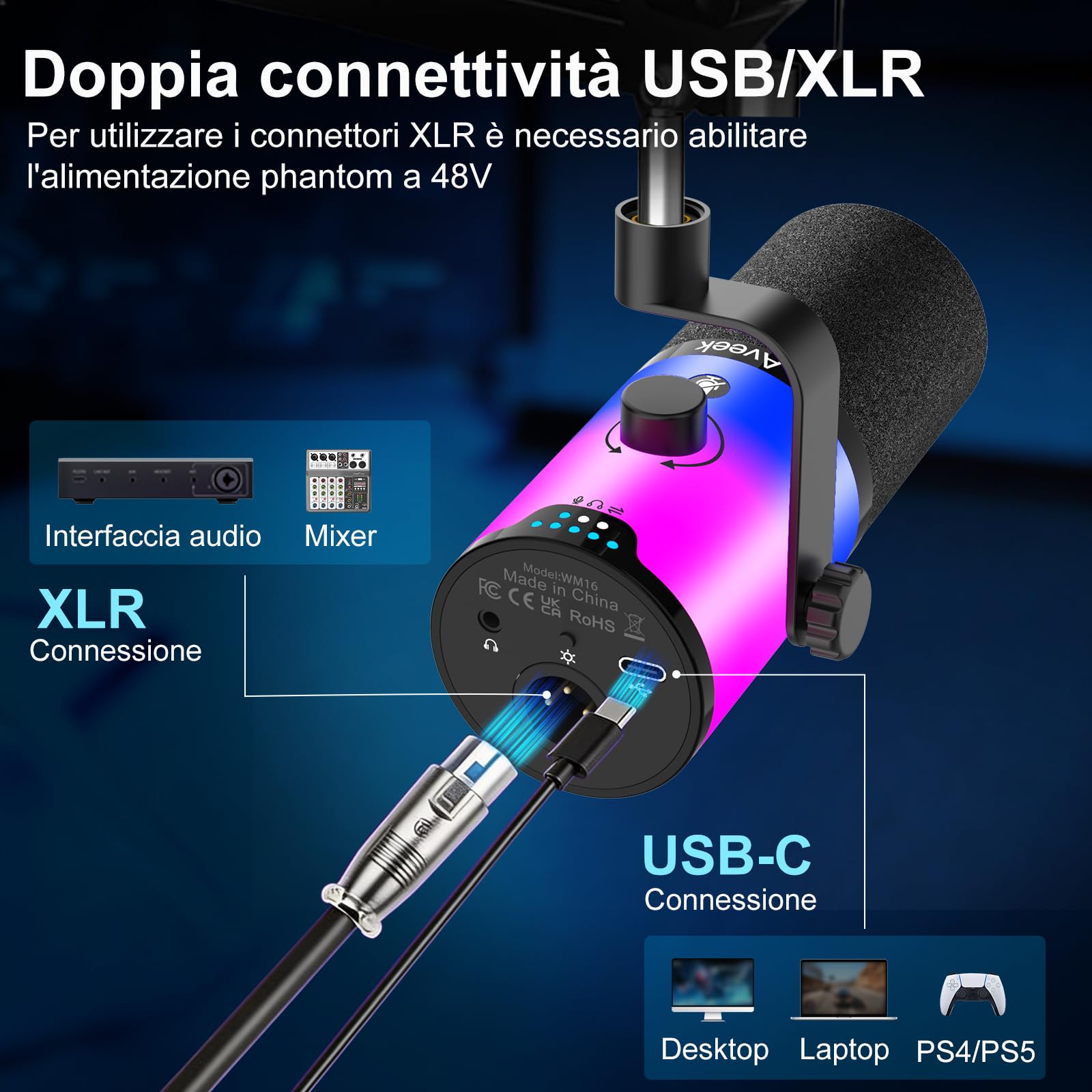 Aveek Microfono Dinamico USB/XLR con Braccio per Gaming & Streaming | Illuminazione RGB, Riduzione del Rumore, Mute One-Touch, Monitor Mix e Jack Cuffie per PC & PS5