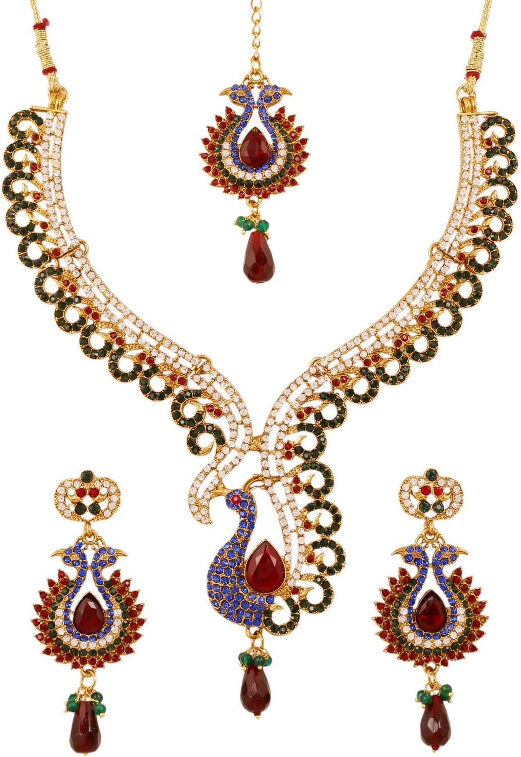 Indian Bollywood Traditional Craftsmanship Mughal Designer Jewelry Wedding Necklace Set in Antique Gold Or White Tone for Women.