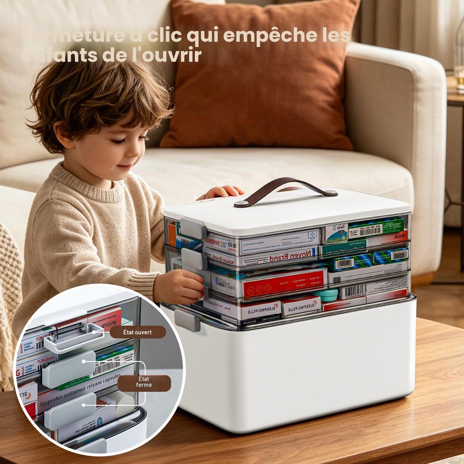 IMHO Boîte de Rangement à 4 étages pour médicaments, Organiseur Portable avec poignée en Cuir, étui de Rangement Vide pour la Maison, Les Loisirs, Les Accessoires de Couture et Les Fournitures