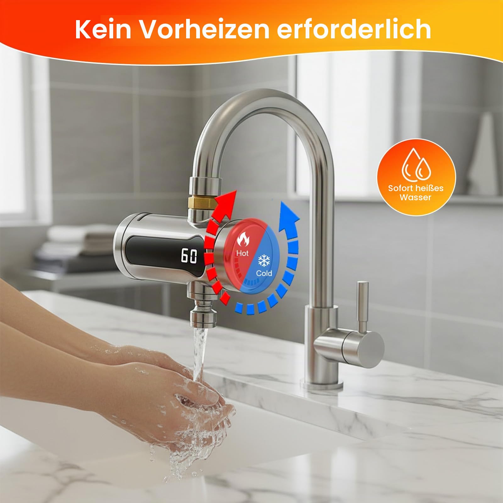 Elektrischer Durchlauferhitzer für Wasserhahn - 3000W, Sofort Warmwasser, LED-Temperaturdisplay, IPX4, Inkl. Adapter für Küche, Bad, Garten & Wohnwagen (230V) (Style A)