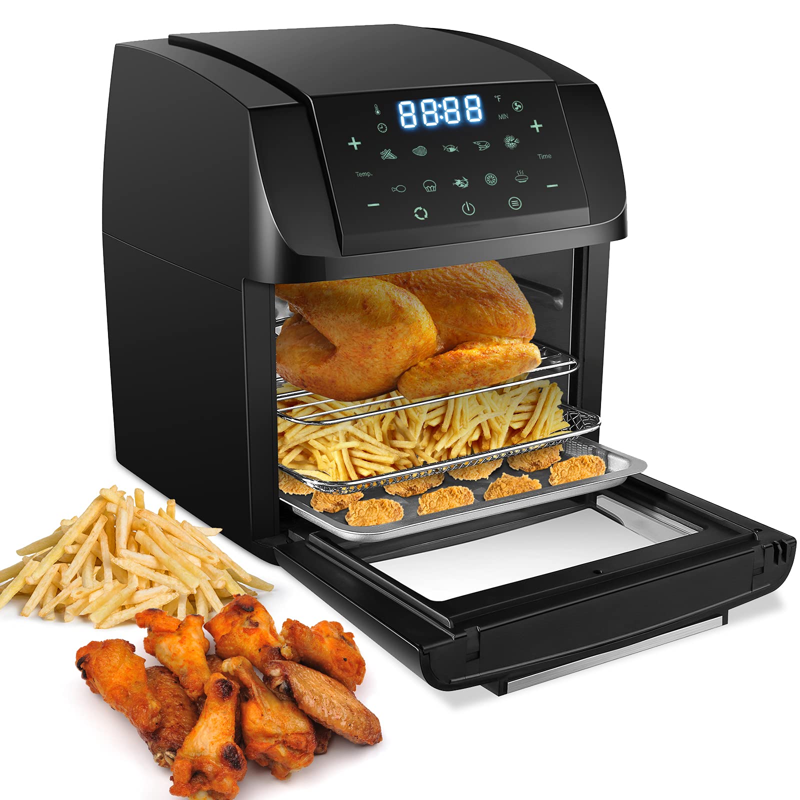 Air Fryer, 13QT Air Fryer Oven, Family Rotisserie Oven, 1500W Electric Air Fryer Toaster Oven, with detachable door, easy to clean,Tilt led Digital Touchscreen, 10-in-1 Presets for Baking, Roasting, Dehydrating, with Accessories