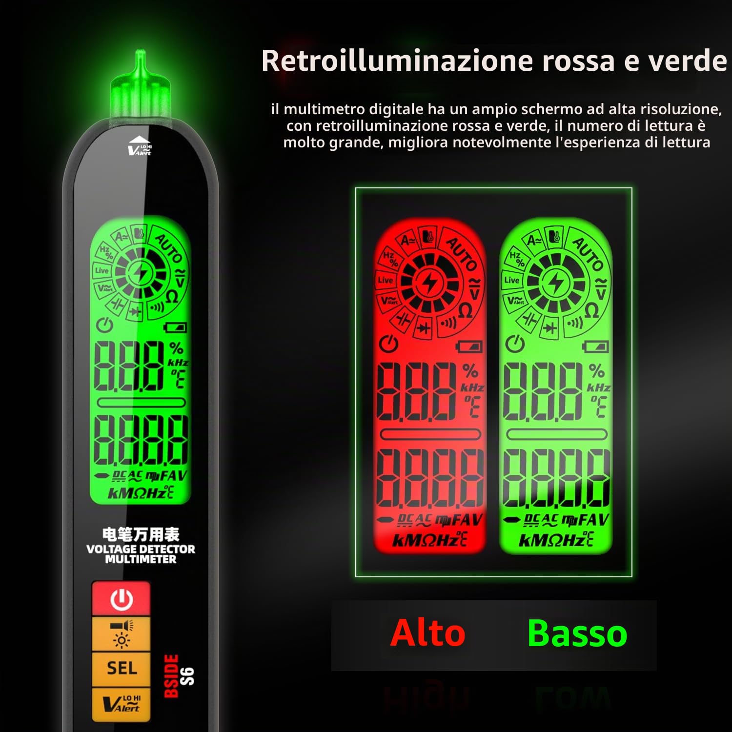 BSIDE S6 Tester e Rilevatori di Tensione Multimetro Digitale Intelligente a Penna con Triplo Display VFD Tester Corrente Elettrica Capacimetro Tester Ricaricabile di Continuità Ohm Hz Cavi elettrici