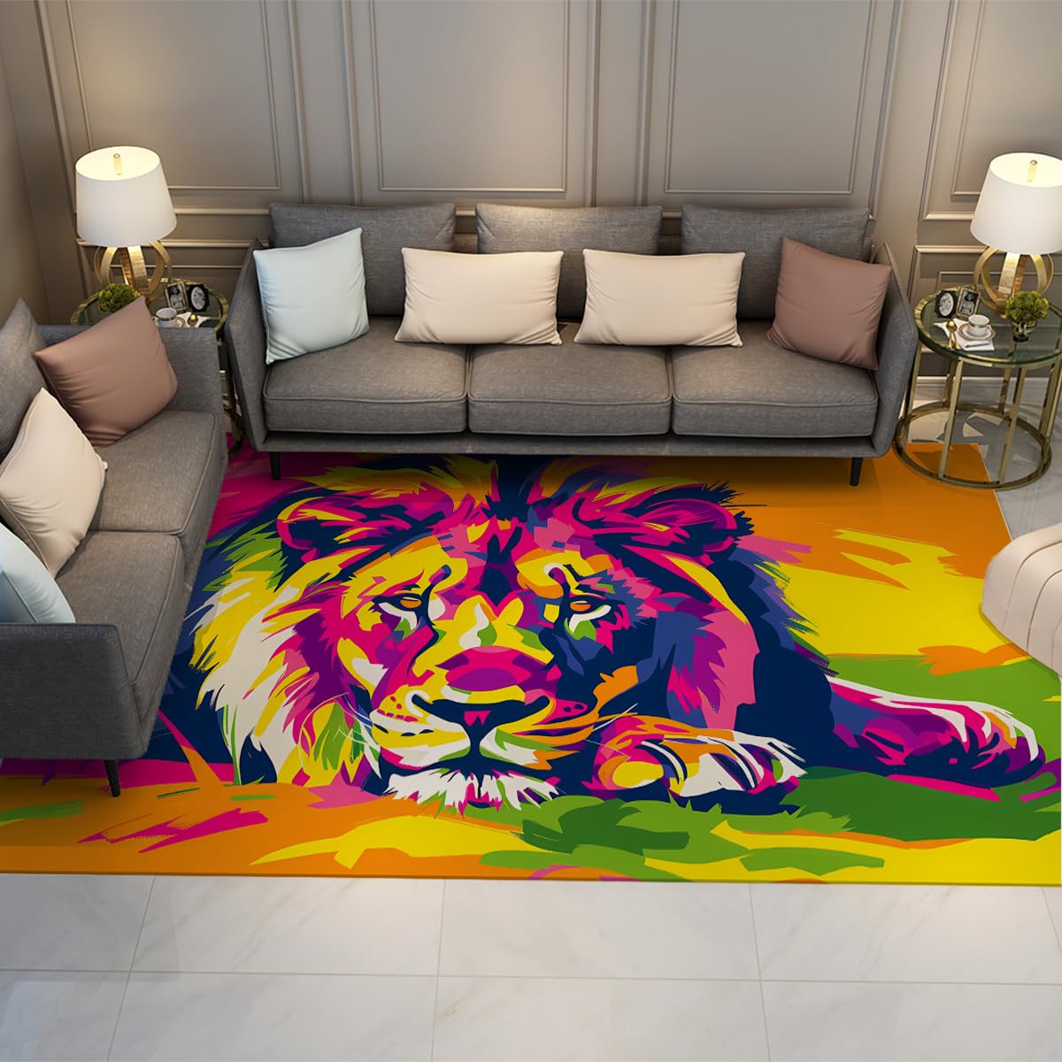 Tapis pour salon lavables et antidérapant motif lion 160x230cm