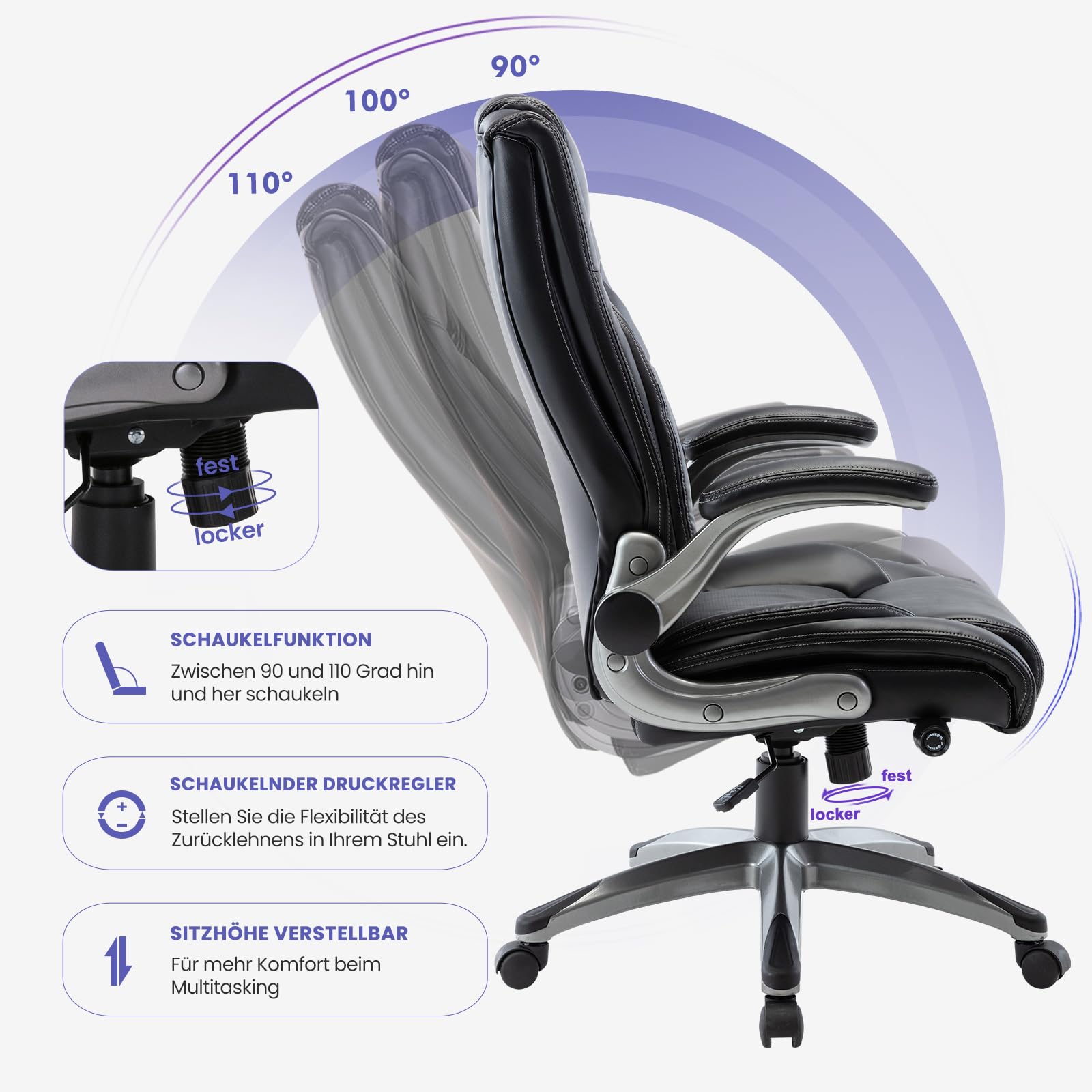 COLAMY Bürostuhl Ergonomisch, Chefsessel mit Hoher Rückenlehne, Ergonomischer 360° Drehstuhl für Büro, Schreibtischstuhl Lederstuhl mit Verstellbarer Neigungsverschluss, Schwarz