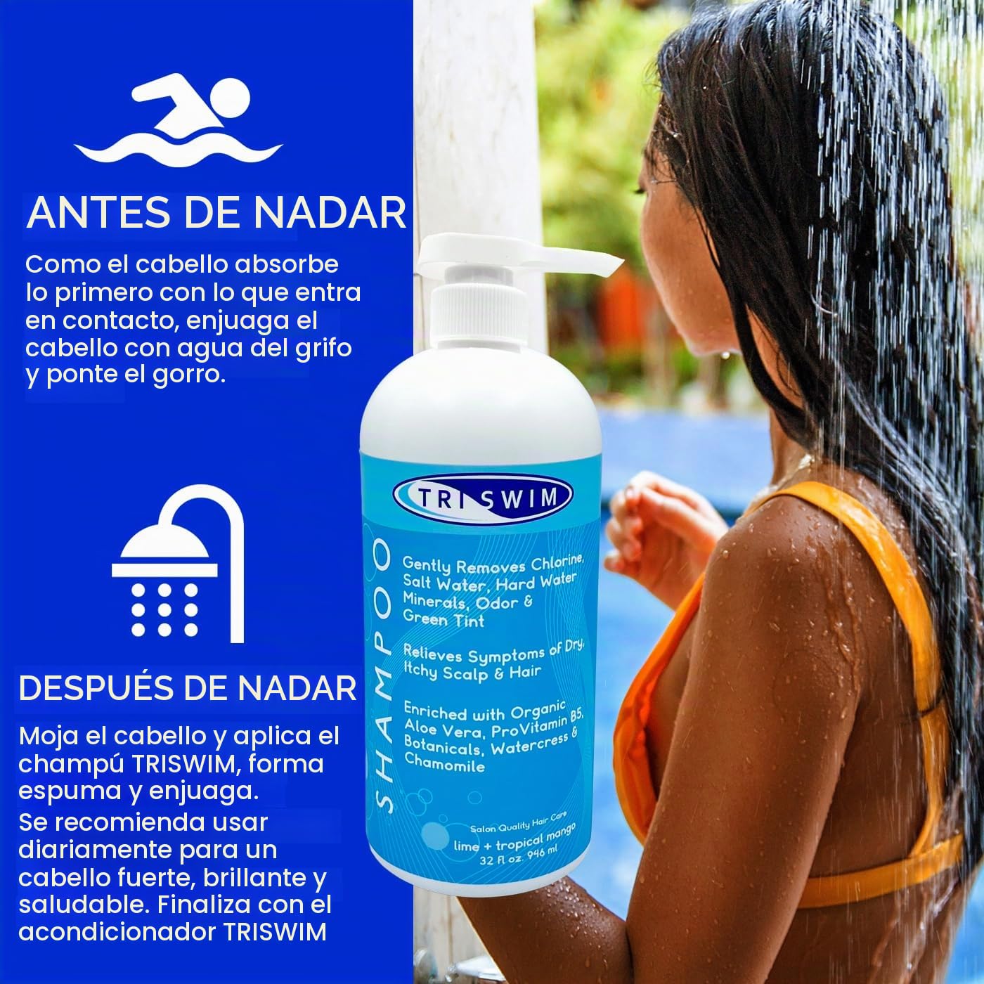 TRISWIM - Champú Anticloro y Vegano Hidratante para Nadadores | Cuidados Después de Nadar | Aroma de Lima y Mango (946 ml)
