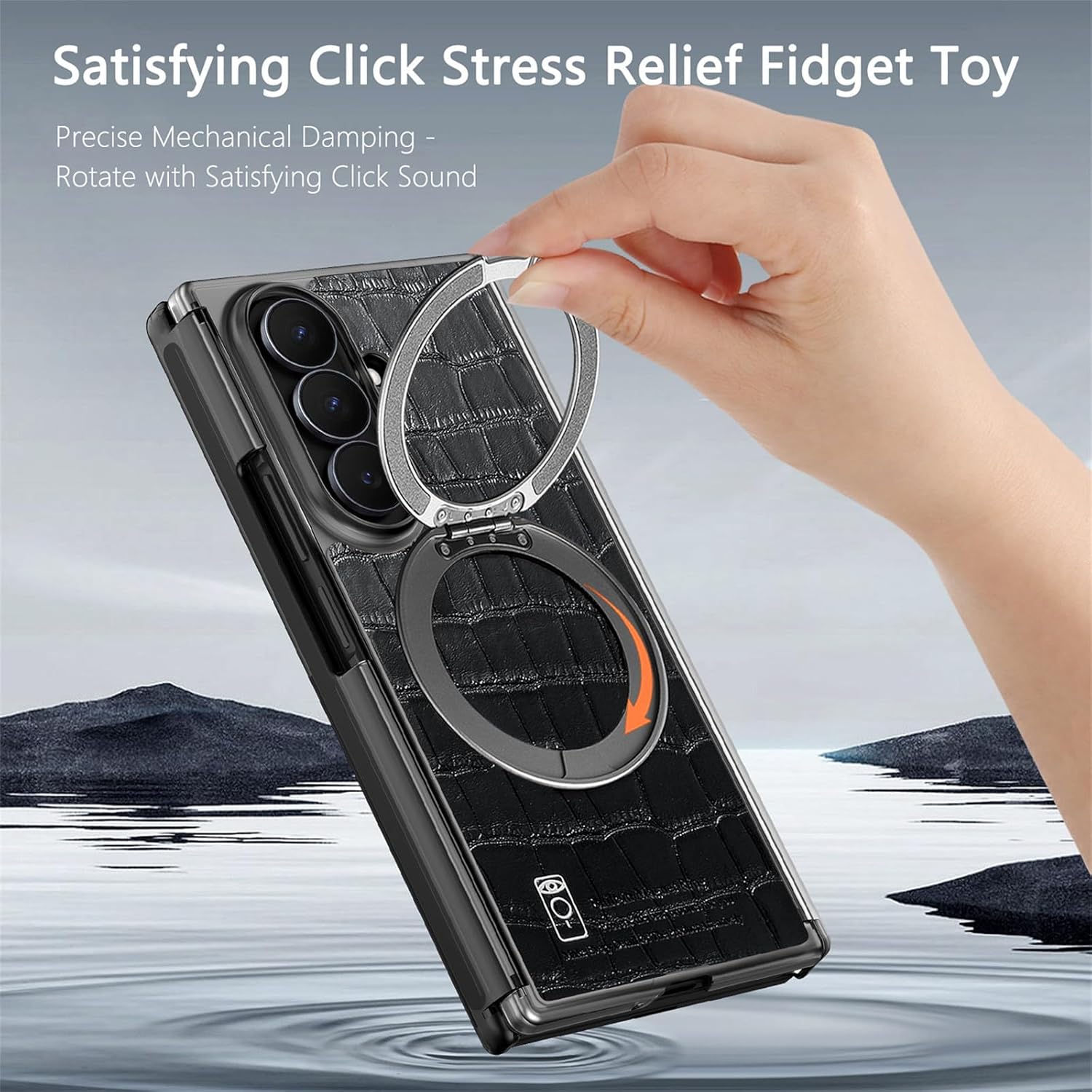 Magnetic Case for Samsung Galaxy Z Trifold with 360° Rotating Ring Stand & Hinge Protection, Compatible with MagSafe, Slim Crocodile Texture Leather Shockproof Cover for Z Trifold EYZJ Black