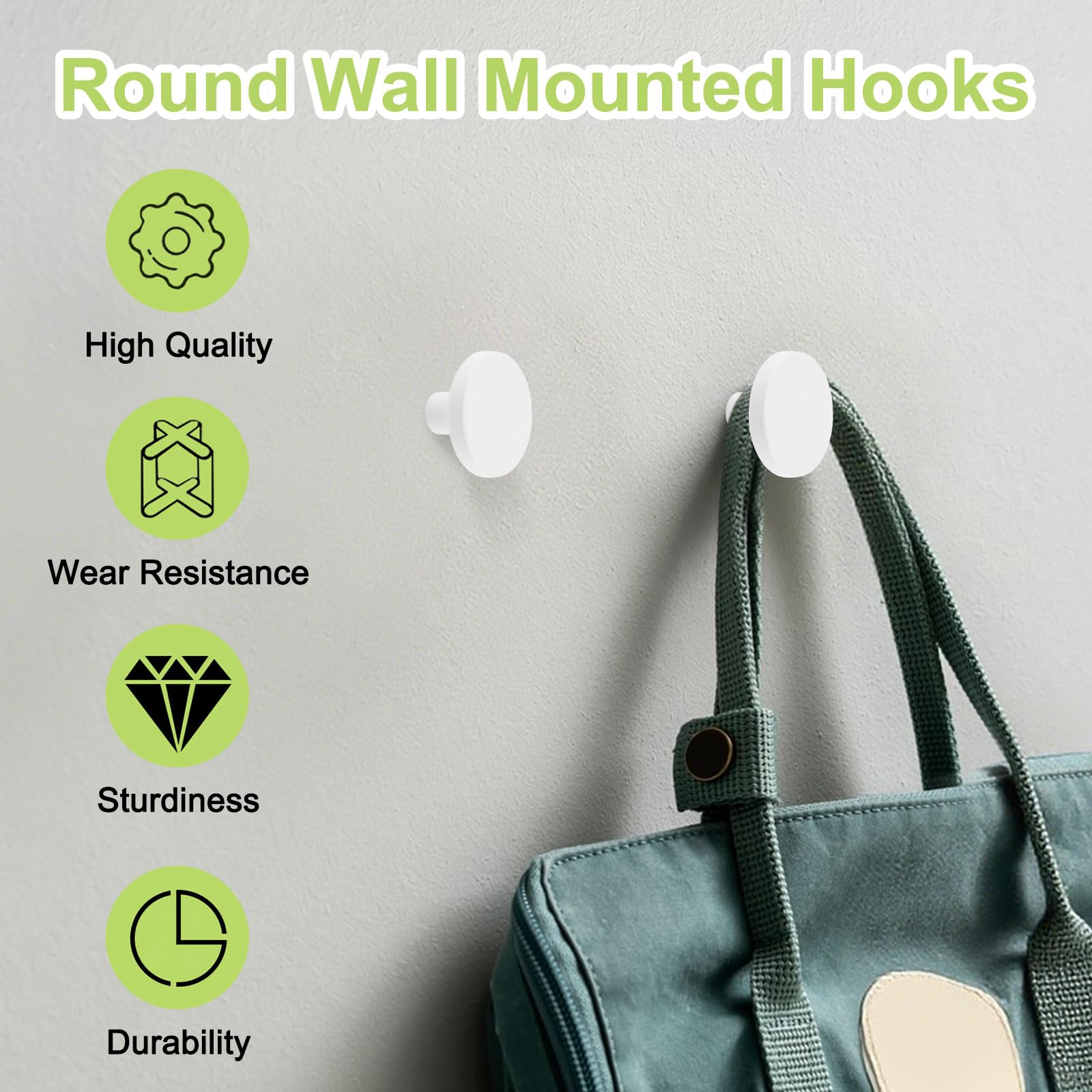 Appendiabiti rotondi per montaggio a parete, 6 pezzi, in acciaio inossidabile, ganci da parete resistenti, per ingresso, bagno, cucina (bianco, 3 x 1,9 cm)