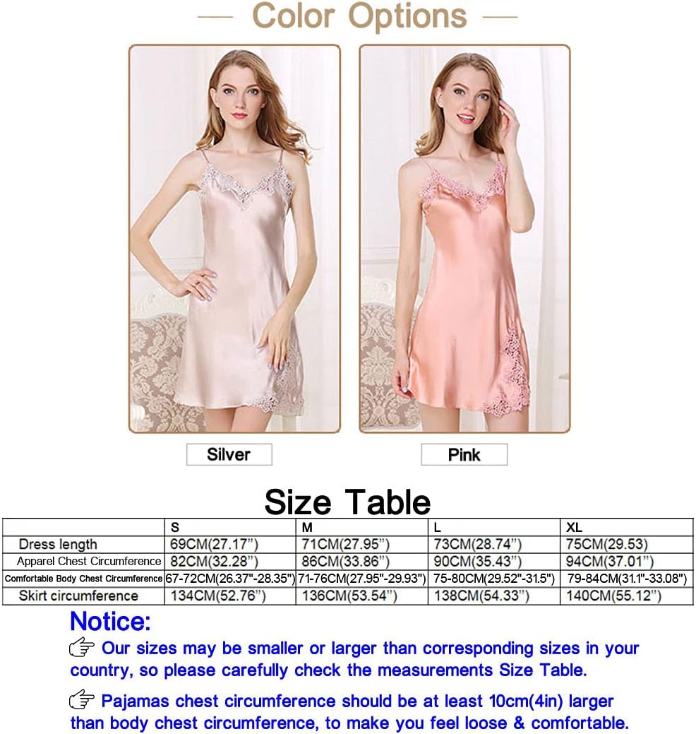 Women's Silk Pajamas,1-Piece Skirt Nightdress Sleepwear with Straps&Laces,100% Silk(Main),2 Colors,真丝睡衣